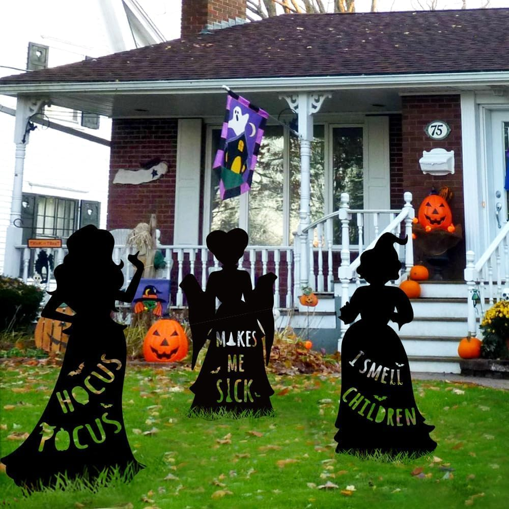 3 Pack Halloween Yard Sign Decoration, Halloween Silhouette Yard Signs with Stakes, Black Witches Silhouette Yard Signs with H-Stakes, outside Waterproof Yard Lawn Garden Sanderson Sisters Decor image number 5