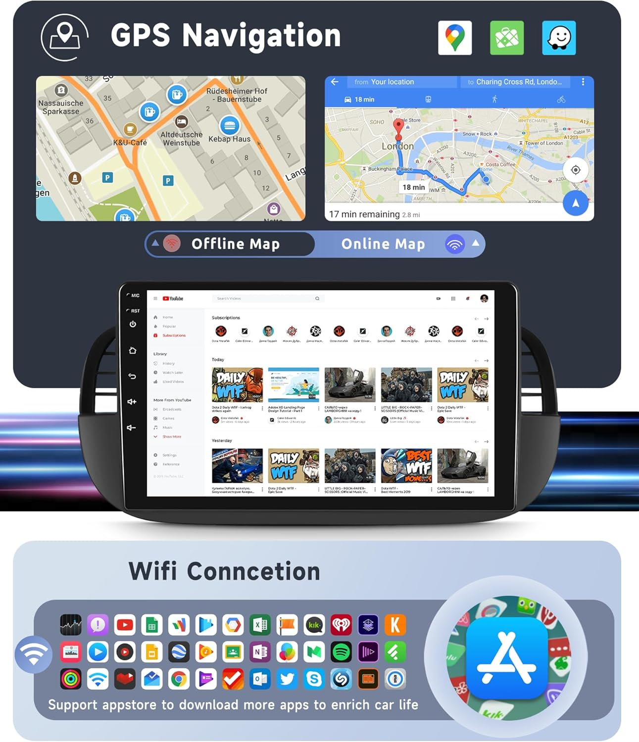 [8 CORE 4G+64G] Car Radio for Fiat 500 500C 2007-2015 with Wireless Carplay/Android Auto, 9 Inch Touch Screen with GPS, Wifi, SWC, Dsp+Backup Camera image number 1
