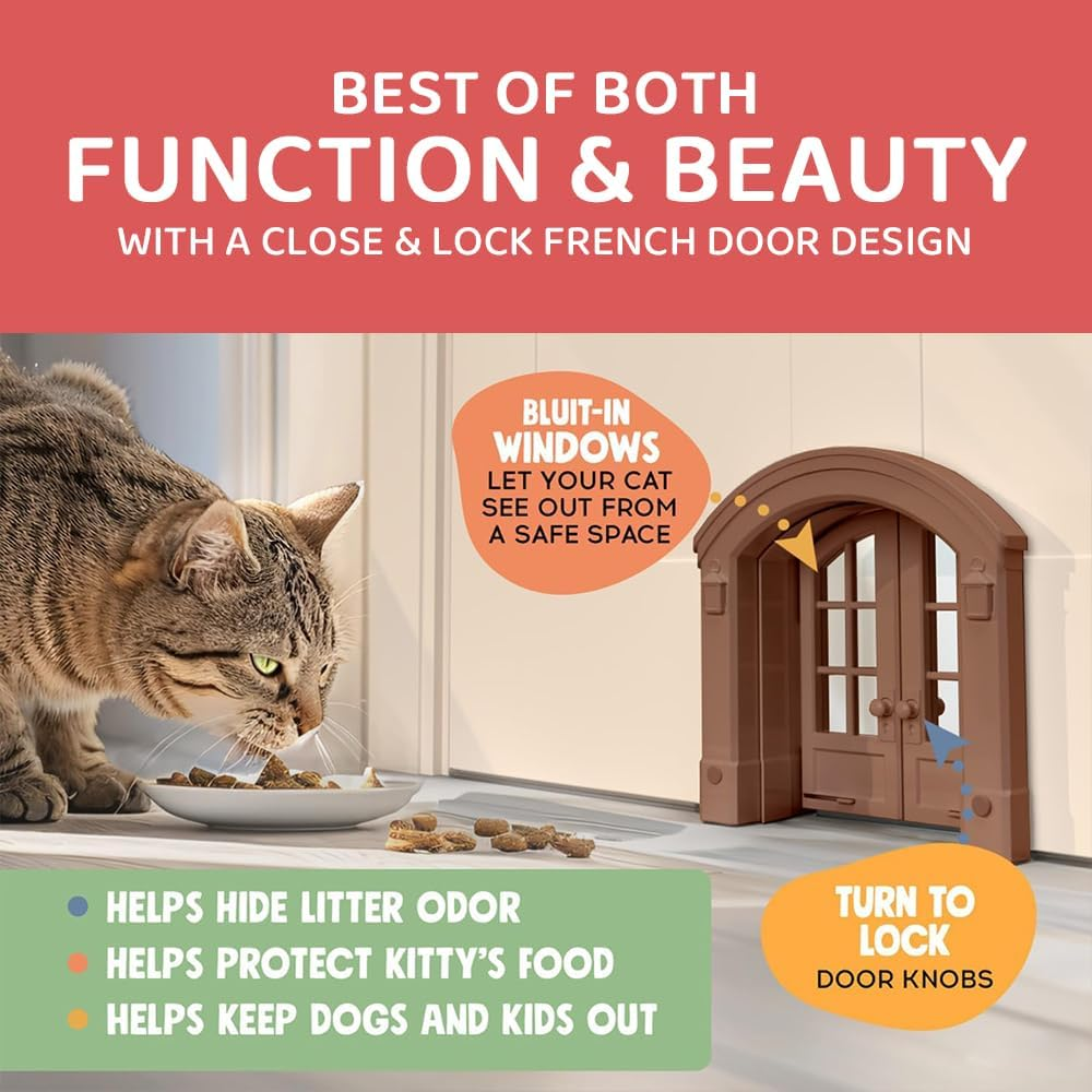 JIUSEGE Indoor Cat Door &ndash; No-Flap French Bi-Fold Pet Door for Cats up to 11 KG, Odor-Isolating Design, Easy DIY Installation, Secure Fit, Brown &ndash; 24 X 27.5 X 7.2 CM image number 2