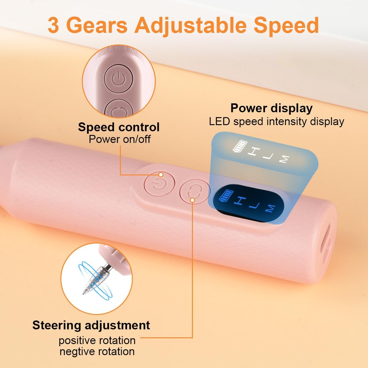 URAQT Electric Nail Drill, Professional Nail Drill Kit with 12 Bits, Adjustable Speed, Wireless Charging, Pink