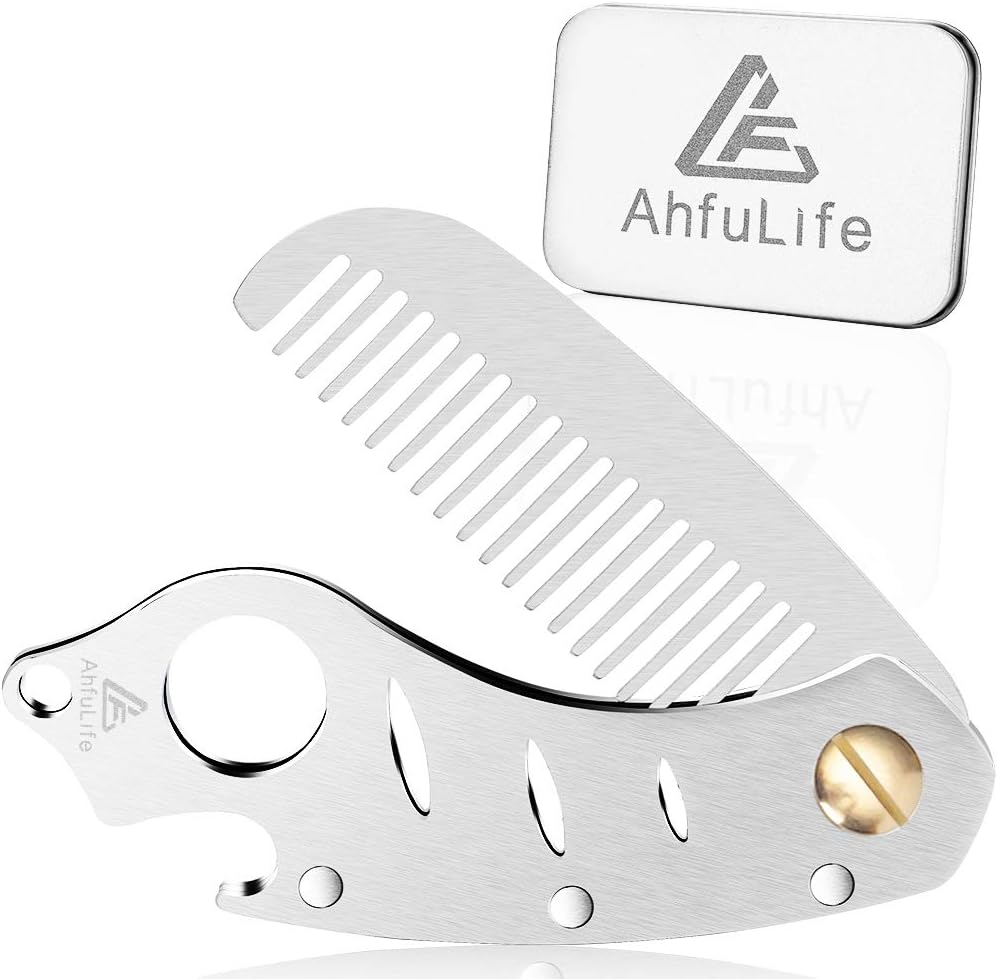 Ahfulife Foldable Metal Comb and Beard Comb - Multifunctional Pocket Comb with Bottle Openers - Anti-Static Stainless Steel Care Comb - Presented in Gift Box