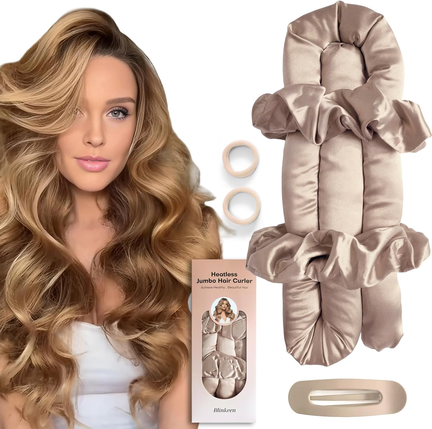 BLINKEEN Jumbo Heatless Hair Curler Set-Satin Heatless Curls Overnight, Jumbo Curling Rod Headband, No Heat Curlers to Sleep in (Brown)
