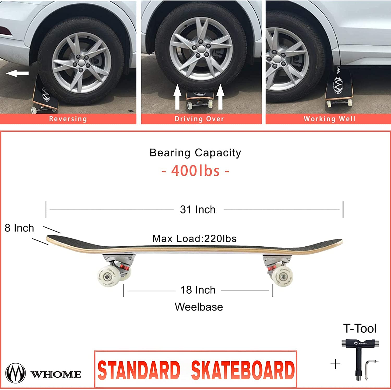 WHOME 31 Inch Double Kick Concave Skateboard Complete Maple Deck PU Wheels ABEC-9 Bearings for Youths Adults Kids Includes T-Tool image number 3