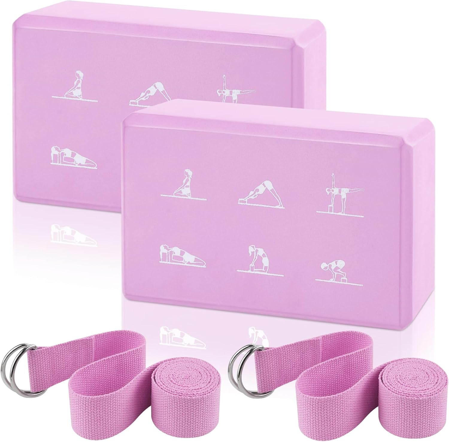 2 Yoga Block and Yoga Strap Set, FHDUSRYO High Density EVA Foam Blocks, Non-Slip Yoga Bricks with 6Ft Strap, Supportive Latex-Free Yoga Block Kit to Improve Balance and Flexibility
