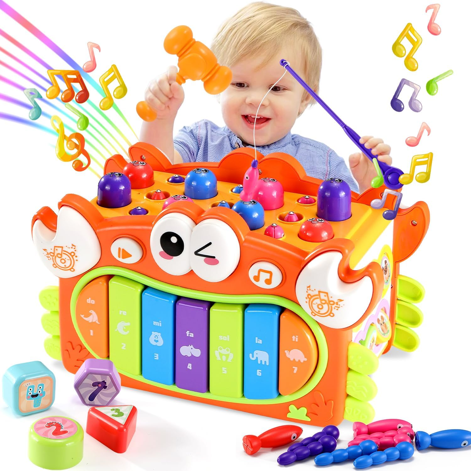 15 in 1 Crab Activity Cube Toy, Hammering Pounding Toys with Music Lights, Montessori Educational Learning Toys for 3 Years Old Girl Birthday (Orange)