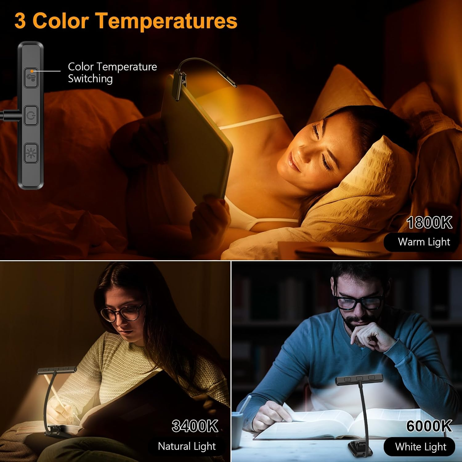 Gritin 19 LED Book Light, Reading Light Book Lamp for Reading at Night with Memory Function, 3 Eye-Protecting Modes -Stepless Dimming, Long Battery Life, 360&deg; Flexible Lamp for Bed,Tablet - Black / Black image number 5
