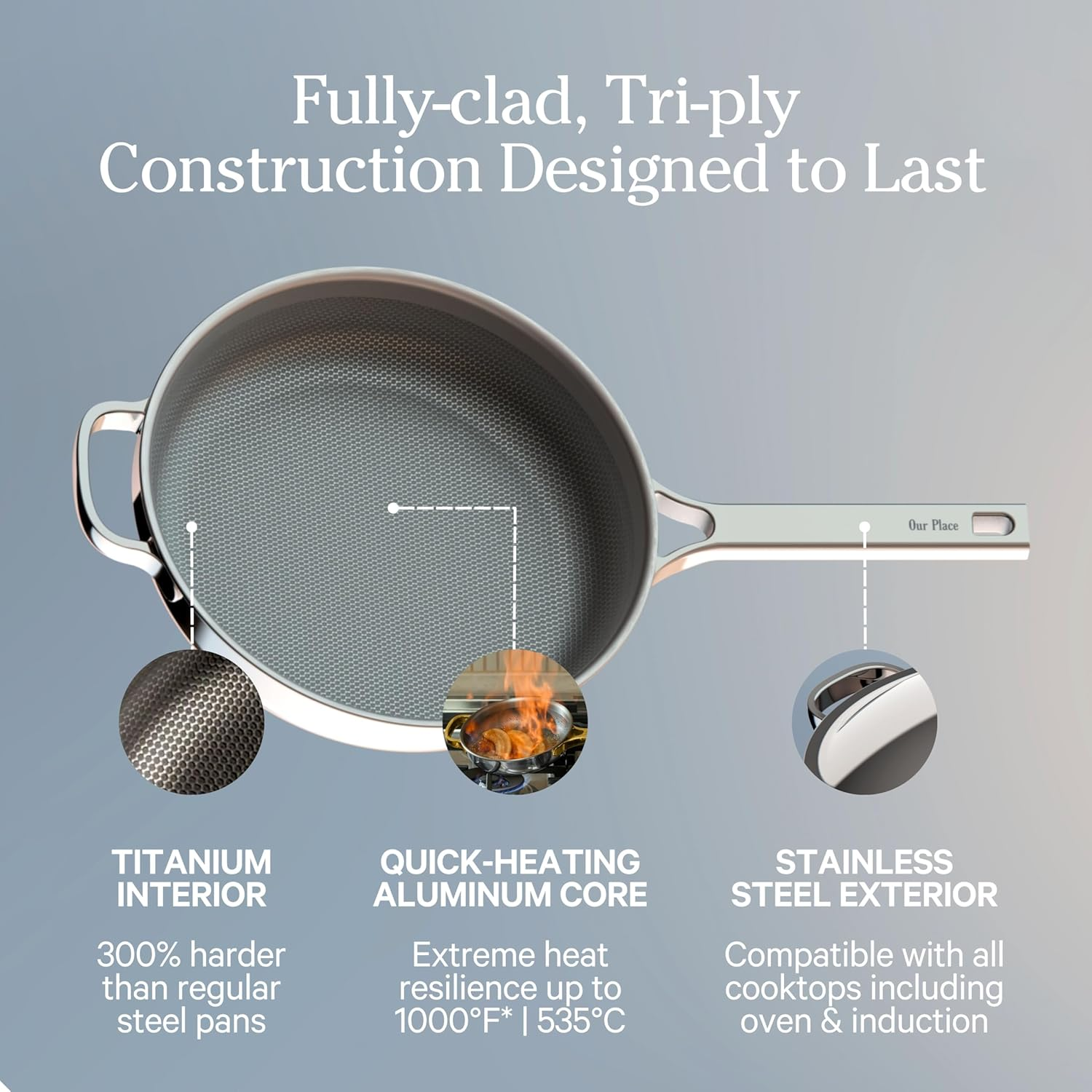 Our Place Titanium Always Pan Pro - 27Cm (2.65L) No-Coating Nonstick Skillet | Tri-Ply Titanium & Stainless Steel | Safe for Oven, Induction & All Cooktops up to 535&deg;C | Includes Spatula | Gold