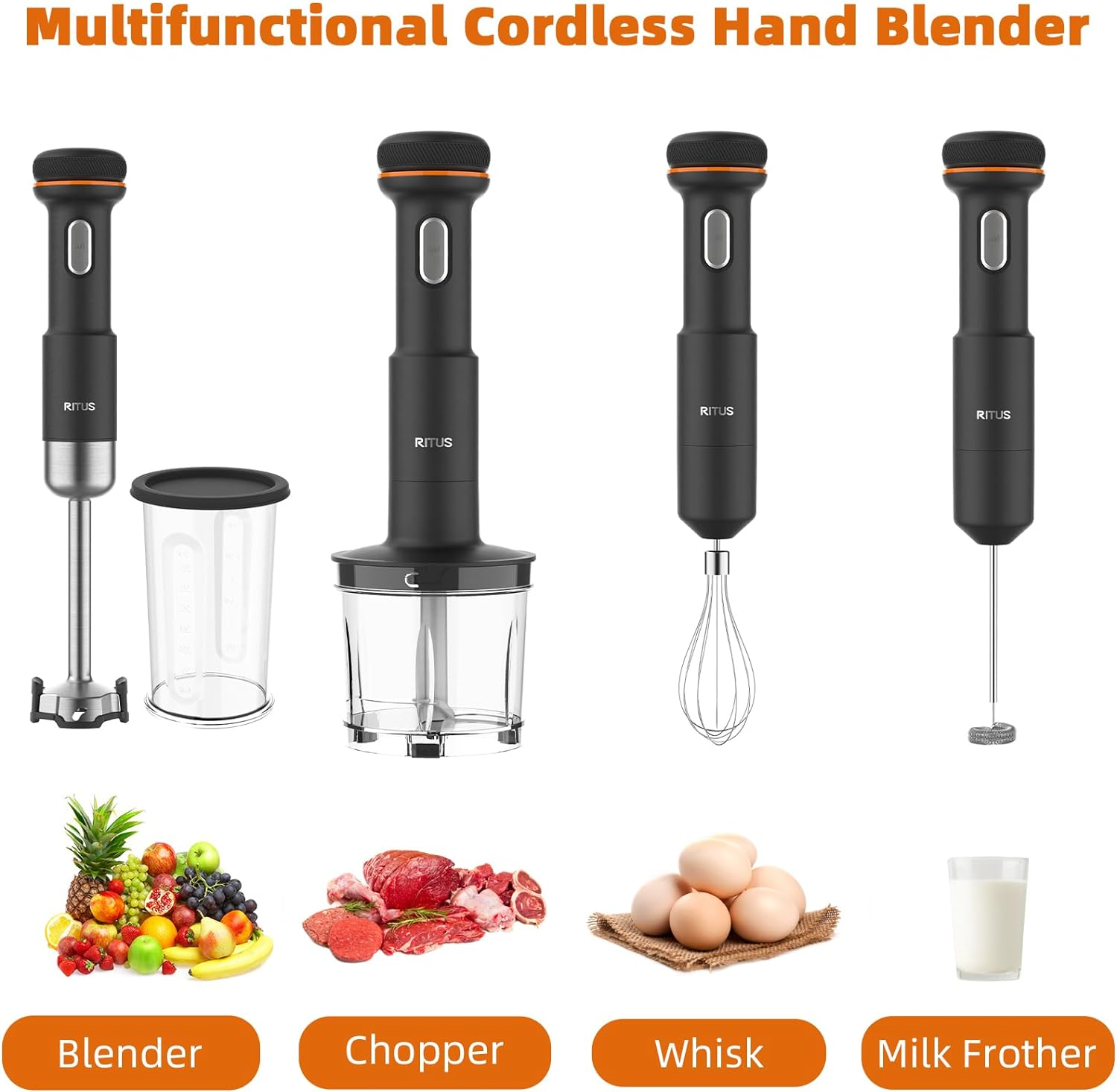 RITUS Immersion Blender, 5 in 1 Cordless Hand Blender Heavy Duty Motor, 4000-13000RPM Lmmersion Blender Variable Speed Hand Blender with Mixing Beaker, Chopper, Whisk and Milk Frother image number 1
