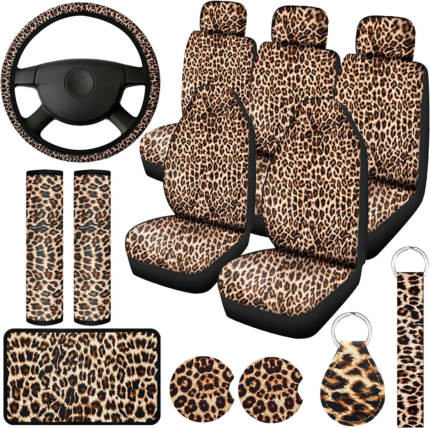 13 Pieces Leopard Print Car Seat Covers Full Set, Accessories Set with Steering Wheel Cover, Pads, Armrest Cover, Seat Belt Pads and Keychain Wrist Holder image number 1