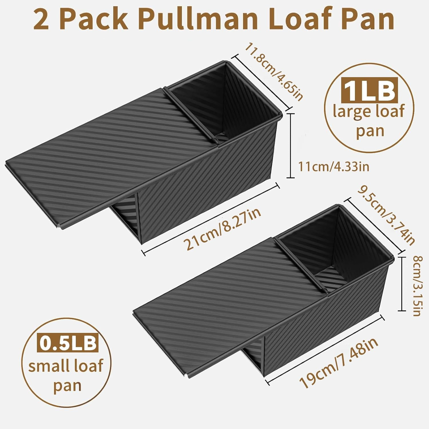 MYLEUS 2 Pack Pullman Loaf Pan Set, Non-Stick Carbon Steel Bread Pans with Lids, 1Lb & 1/2 Lb Capacity, Ideal for Homemade Bread, Baking Sandwiches & Toasts, Black image number 6