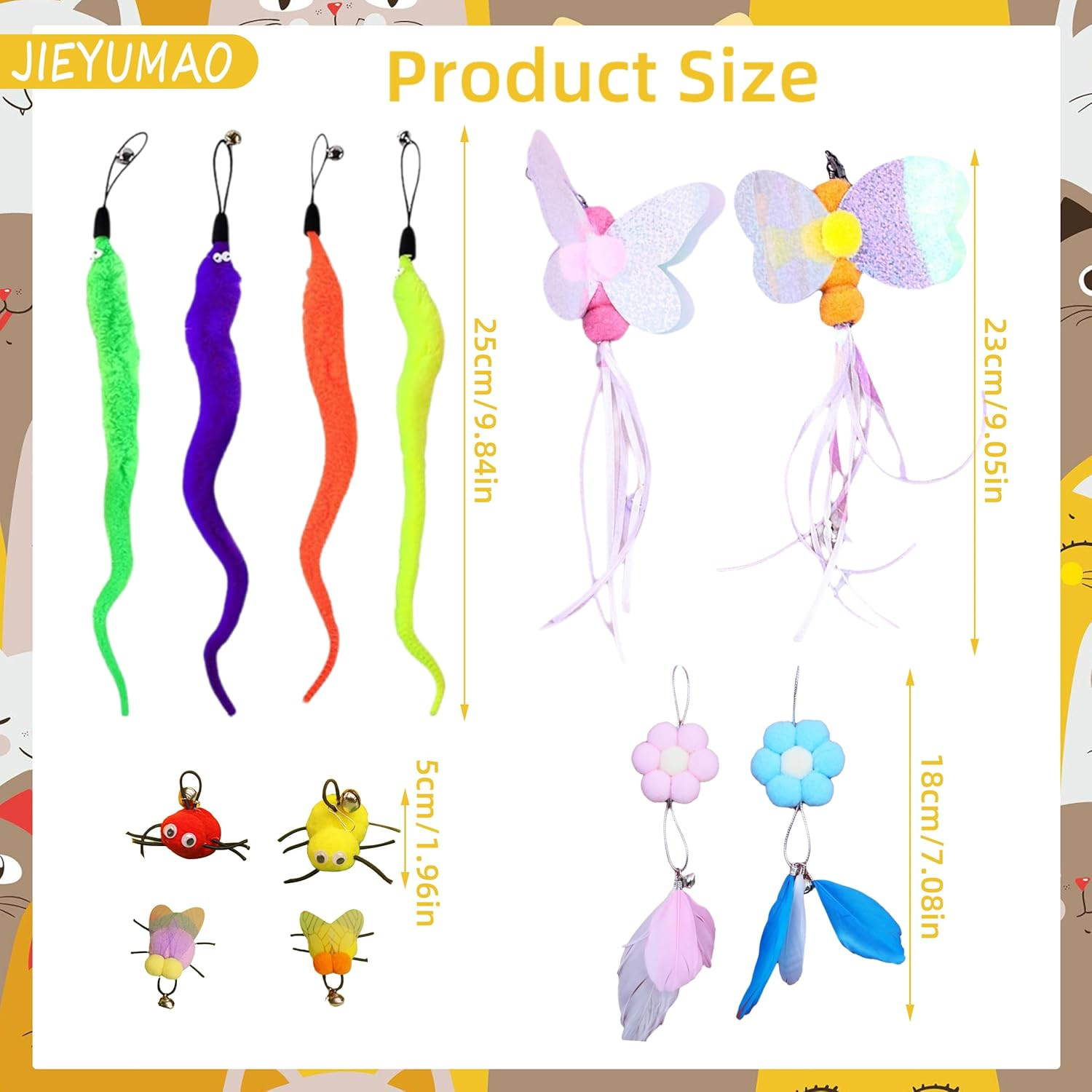 12Pcs Cat Wand Attachments, Various Styles Cat Worm Toy Refills with Bell, Multicolor Cat Feather Toys Refills Interactive Teaser Toy Refill Cat Feather Toys Replacement for Indoor image number 1