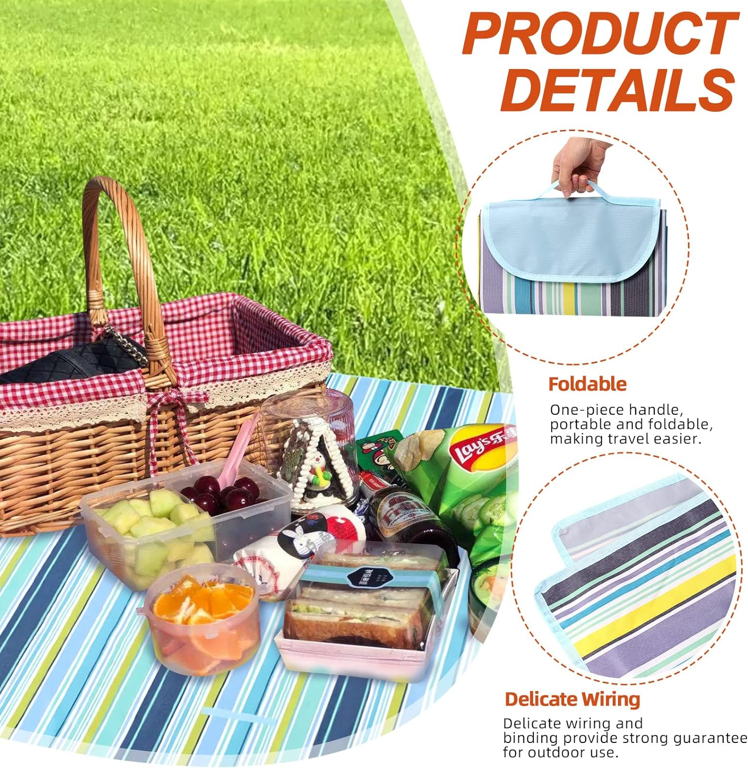 Tanstic Outdoor Picnic Blanket, 79" X 79" Extra Large Waterproof Foldable Beach Mat with Carry Strap for Camping Park (Blue Stripes) image number 1