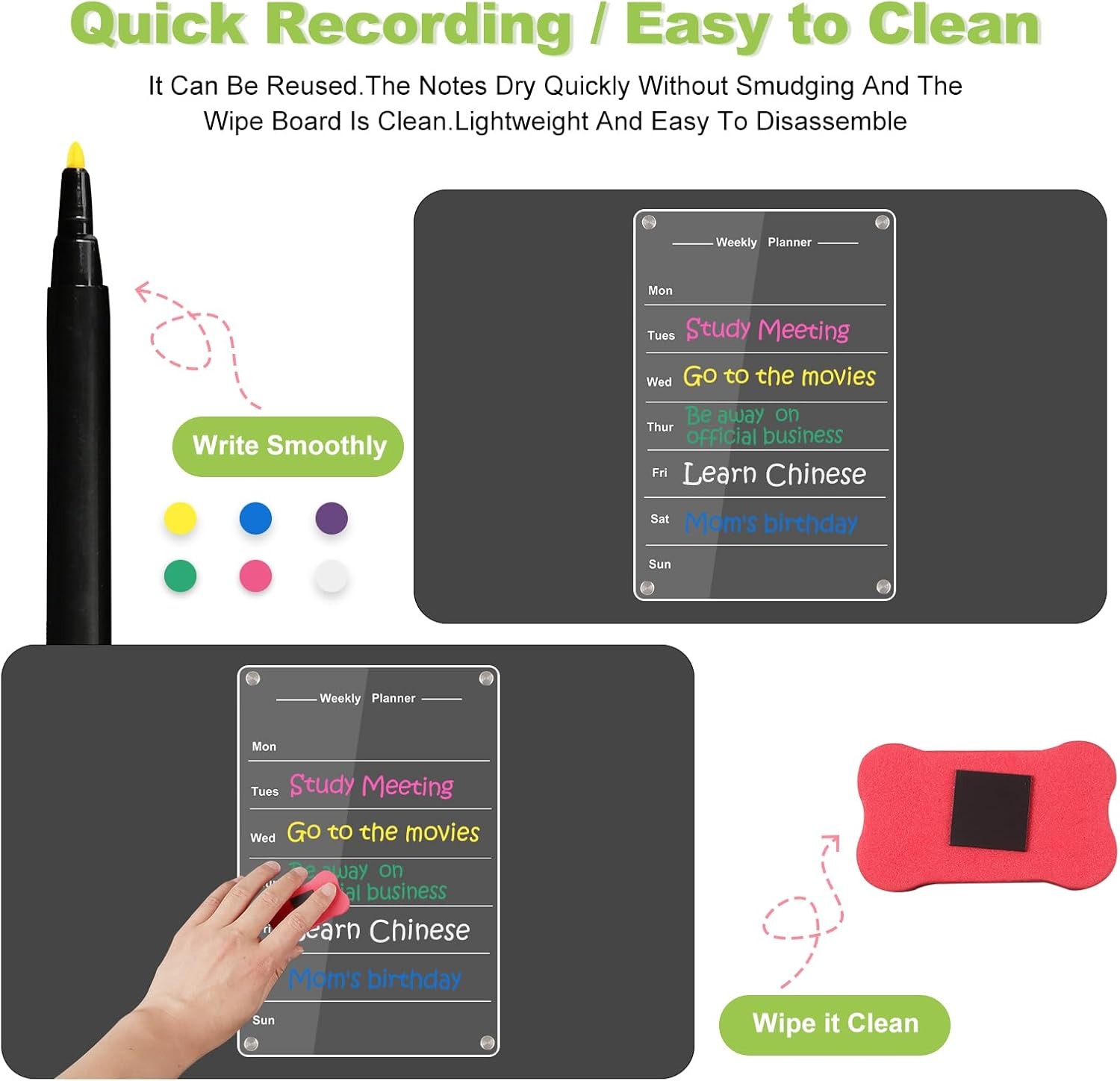 2 Magnetic Fridge Calendar 33X22Cm,Acrylic Clear Fridge Calendar Magnetic,Reusable Weekly/Monthly Planner for Family,Office,To Do List Meal Plan Board| Includes 6 Markers,Eraser and Pen Holder - 1 Magnetic Planner + 6 Markers image number 4