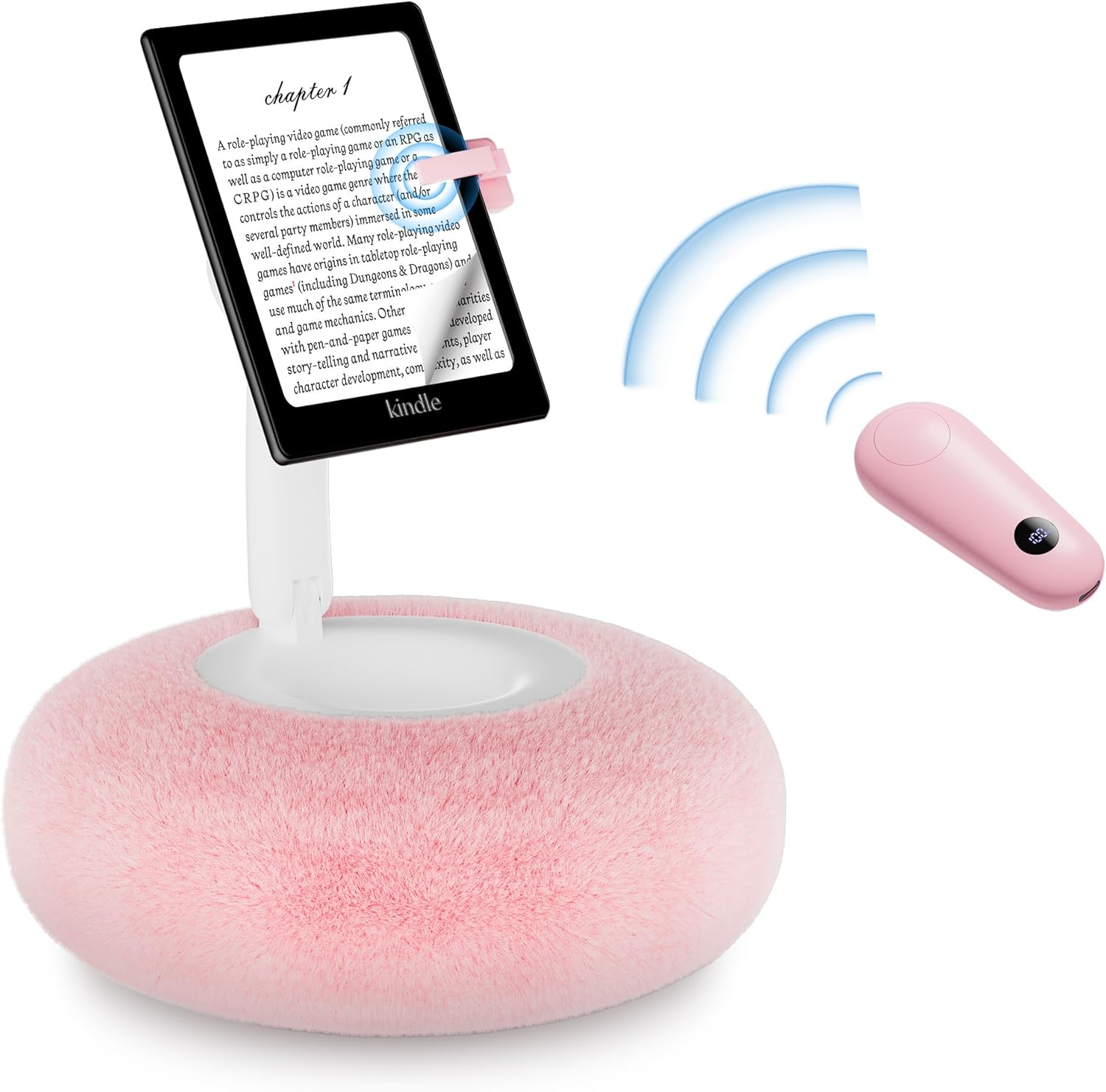 Magnetic Kindle Holder with Page Turner, Cozy Pillow Kindle Stand for Reading, 360&deg; Adjustable Phone Holder for Bed, Small Bowl for Tablet Stand with Stable Suction Base (Pink)