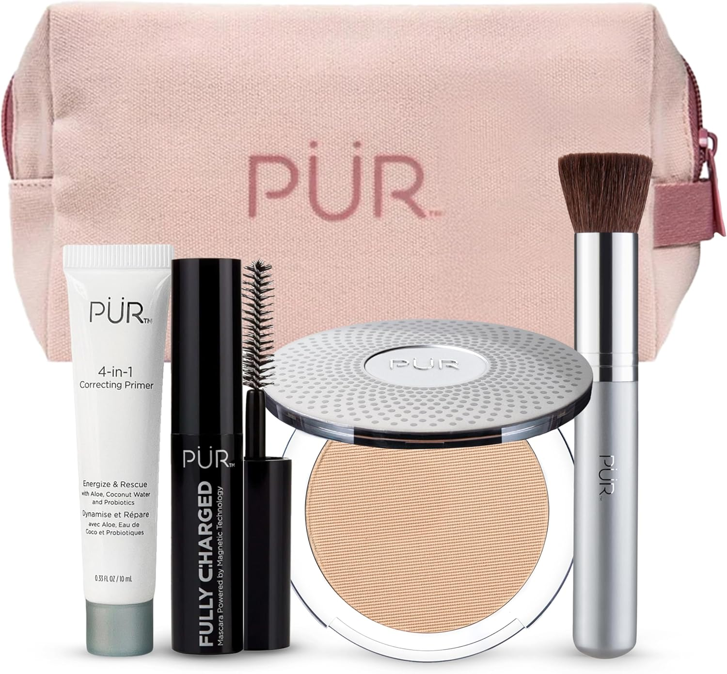 P&Uuml;R Minerals Multitasking Essentials Kit, Blush Medium - Makeup Gift Set Includes 4-In-1 Correcting Primer, Fully Charged Mascara, 4-In-1 Pressed Mineral Powder & 1 Chisel Brush