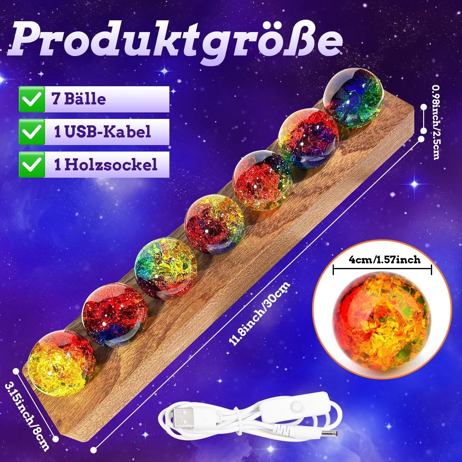 3D Crystal Ball Night Light, LED Ball, Pack of 7 Colourful Glass Crystal Balls with LED Wooden Base, 40 Mm Glass Ball Planet Lamp, Decorative Colourful Crystal Ball for Night Light, Ornaments image number 5