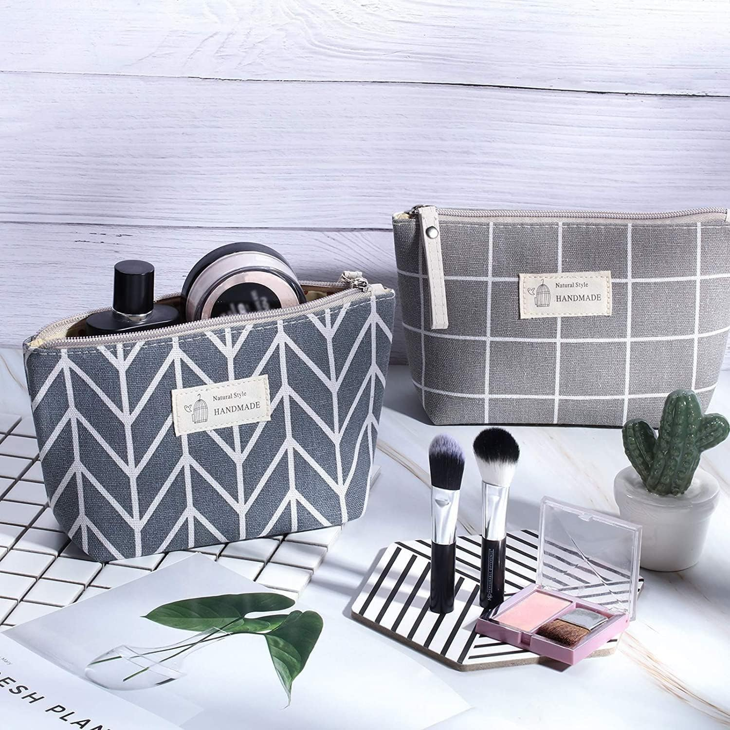 Printed Canvas Cosmetic Bags - 2Pcs Makeup Bags, Travel Pouch, Multi-Function Organizer with Zipper