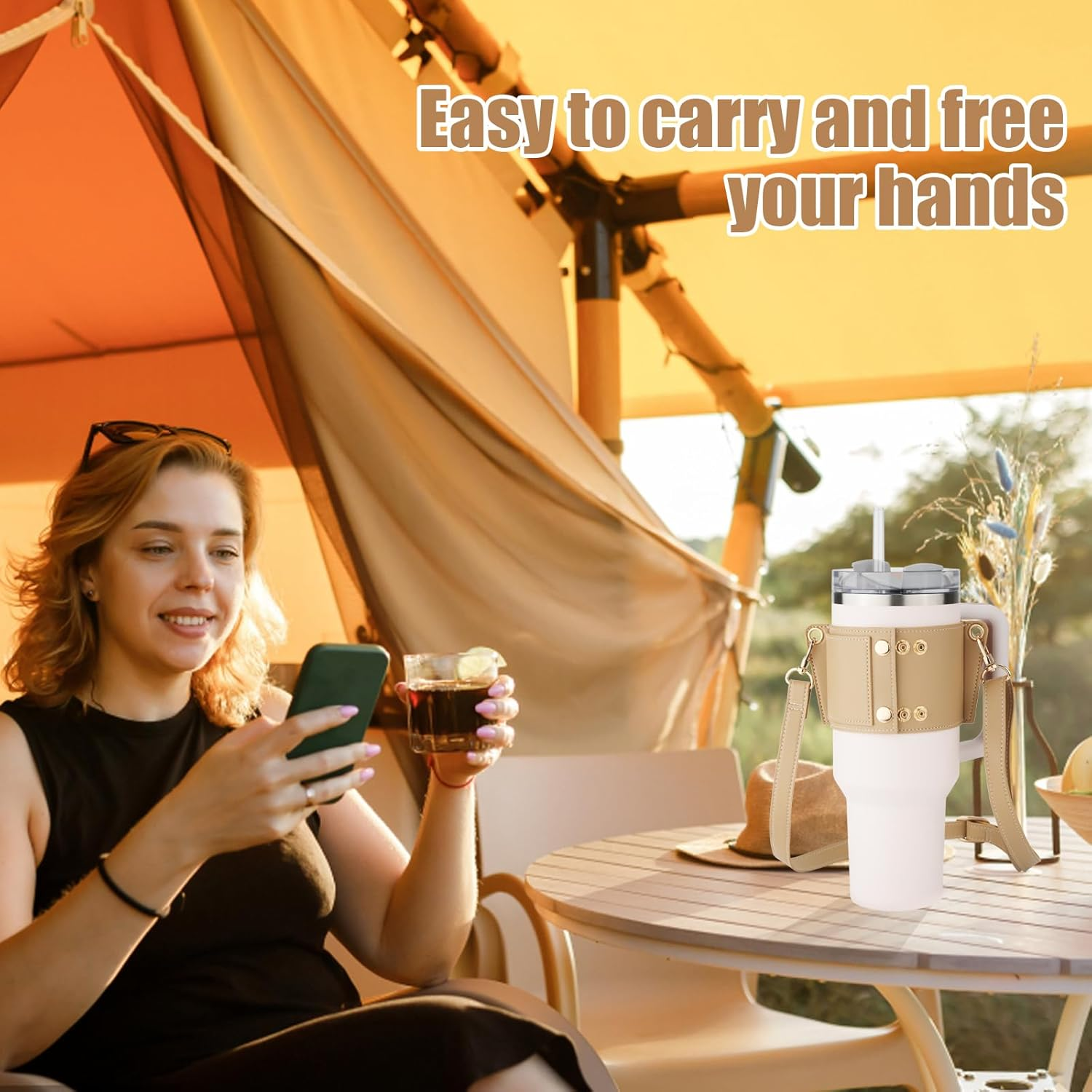 PEUTIER Water Bottle Holder with Strap for Stanley Cup, Adjustable Leather Carrier Strap Water Bottle Bag Compatible with Stanley 40Oz & 30Oz Tumbler with Handle(Apricot) - Apricot image number 5