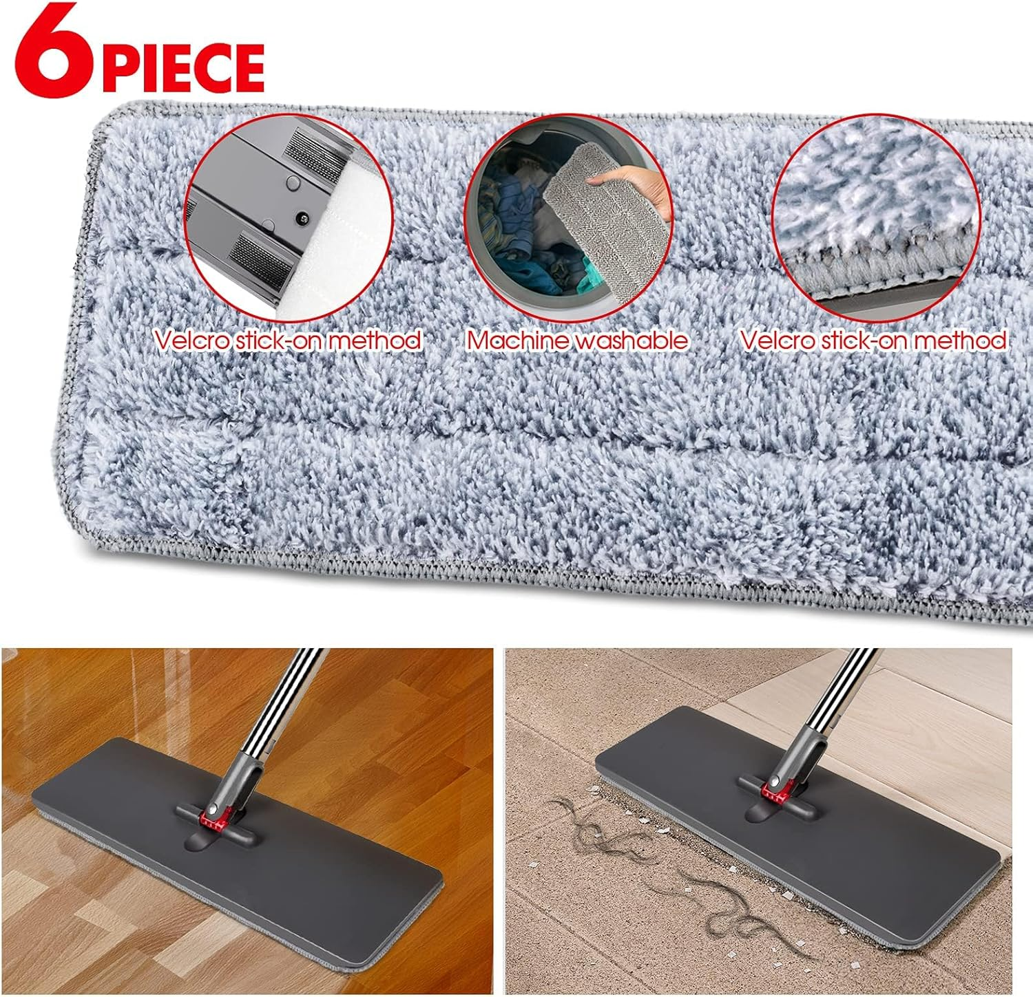Masthome Microfiber Mop for Floor Cleaning - Self Wringing Flat with 6 Washable Pads, Hands Free with Stainless Steel Handle for Hardwood, Laminate, Tile, Vinyl image number 2