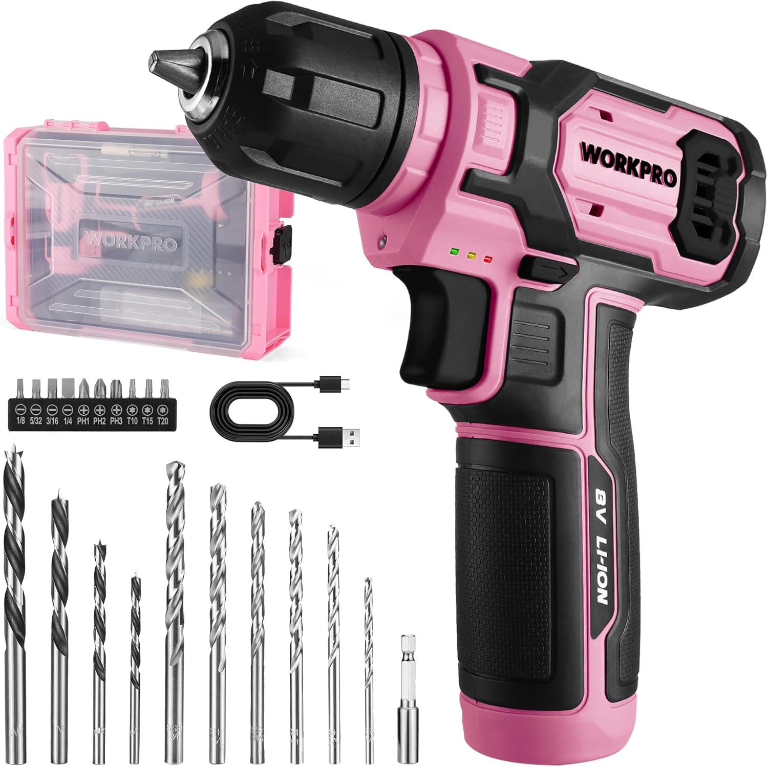 WORKPRO 8V Cordless Drill Driver Set, Electric Screwdriver 9.5 Mm Keyless Chuck, Max Torque 12 N&middot;M, 2 Ah Battery with 21 Pcs Accessories and Single Layer Stack & Carry Box, Ideal for Home DIY Project