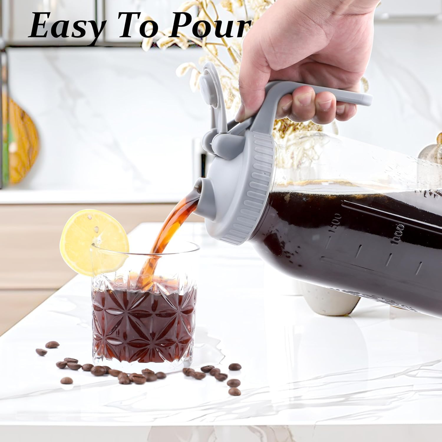 Cold Brew Coffee Maker Pitcher, 32 Oz Heavy Duty Wide Mouth Glass Mason Jar Pour Spout Lid with Stainless Steel Filter for Iced Coffee, Ice Lemonade, Fruit Drinks, Sun Tea (32Oz)