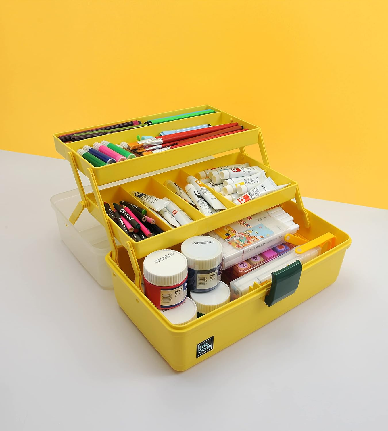 3 Layers Plastic Portable Storage Box, Multipurpose Organizer and Storage Case for Art Craft and Cosmetic, Portable Handled Storage Box for Home, School, Office, First Aids (Yellow) image number 1