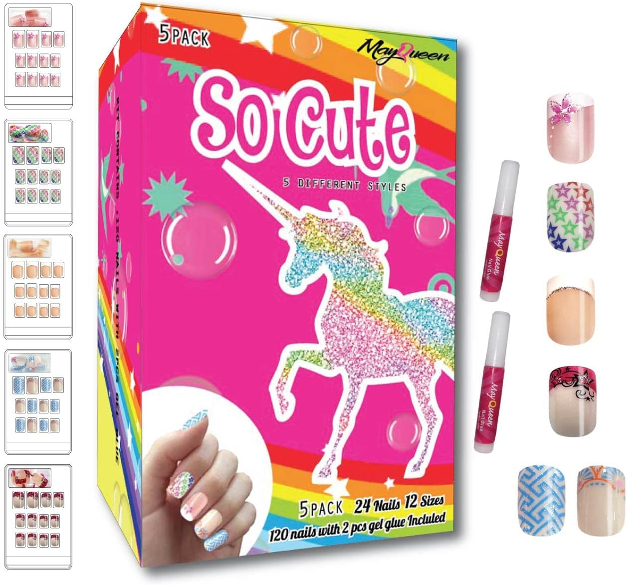 Mayqueen 120 PCS 5 Pack Children Artificial Fake Nails with Two Glues Full Cover False Nail Kits for Kids (So Cute) image number 3