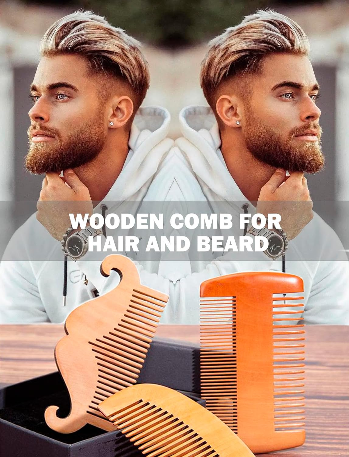 Rolxmed Wooden Beard Comb for Men Wide/Fine Close Teeth, Eco-Friendly Natural Peach Wood, Smooth, Lightweight, Portable for Travel (Set_1, 3 Pieces) image number 5