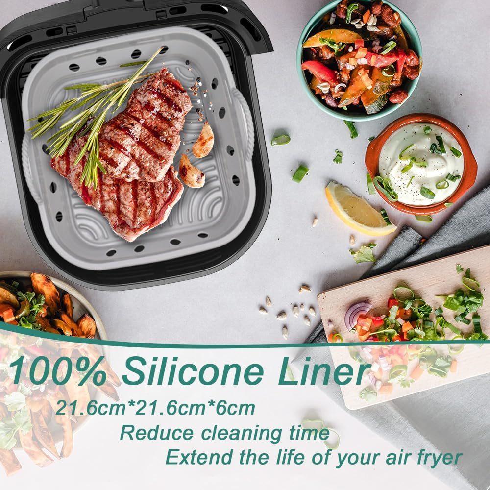 Marakruki 2Pcs Silicone Air Fryer Liners, 21.6 * 6Cm Square Reusable Air Fryer Silicone Liners with Air Flow Holes, Bpa-Free Silicone Liners for Air Fryer/Oven, Silicone Baking Accessories