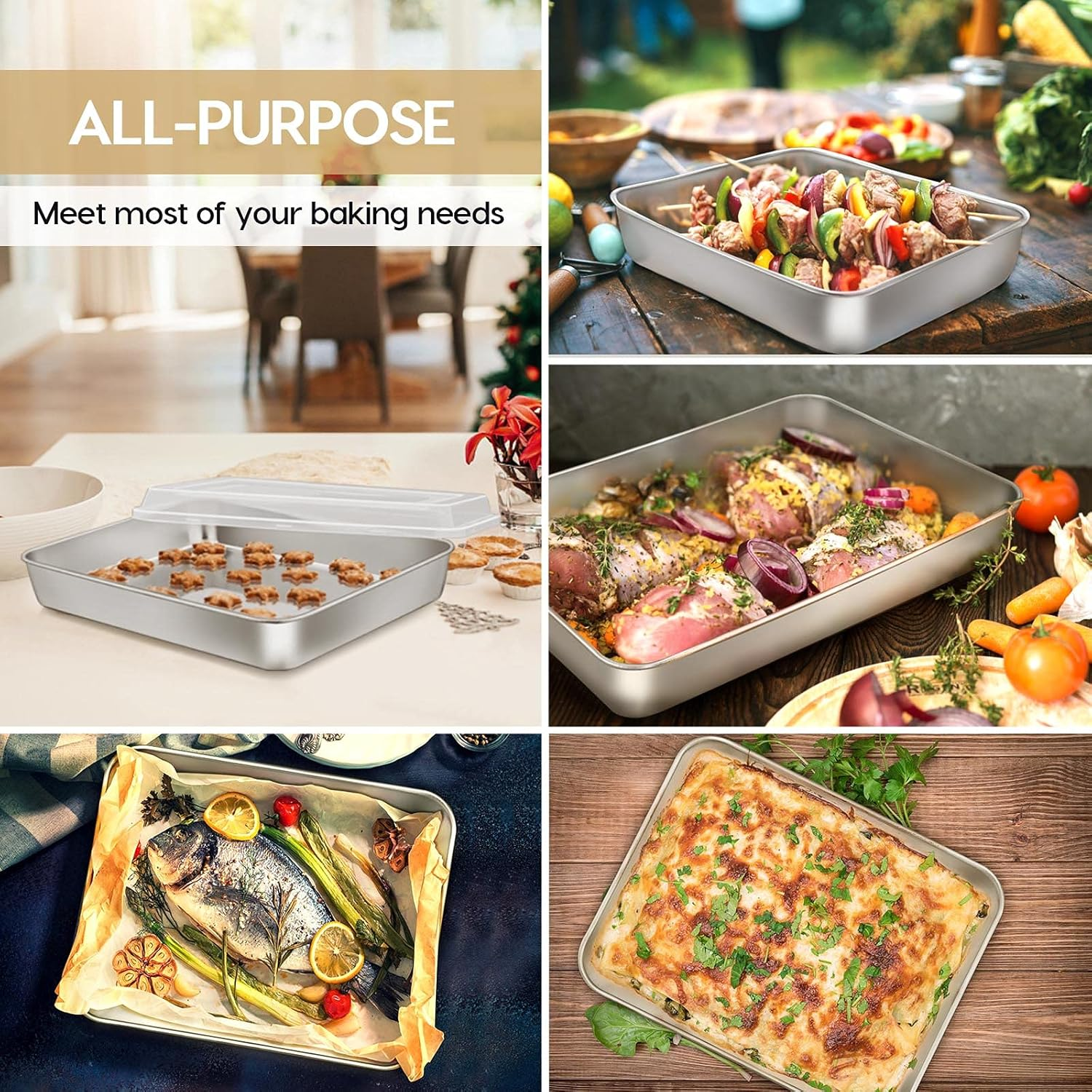 E-Far Baking Pan with Lid(12.4/10.4/9.4 Inch), Stainless Steel Rectangular Sheet Cake Pans with Cover, Metal Bakeware Sets for Lasagna Casseroles Brownie, Non-Toxic & Dishwasher Safe - 3 Pans + 3 Lids image number 5