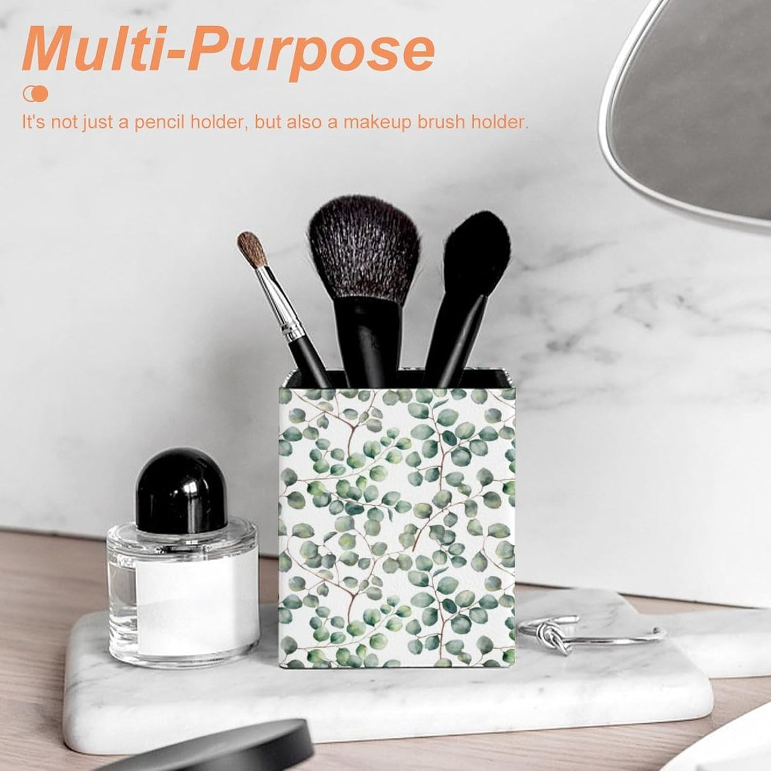 Quteprint Square Pencil Holder, Eucalyptus Green Leaves Plant Pen Holder for Desk, PU Office Pen Organizer Desk Accessories Pencil Cup Desktop Stationery Storage Makeup Brush Holder for Home Bathroom image number 3