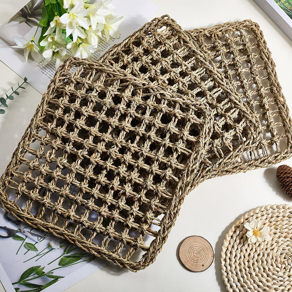 GORGECRAFT Pack of 3 Seagrass Bird Mats for Parrots Parakeets Natural Grass Woven Net Climbing Rope Ladder Hammock Cage Accessories for Lovebirds Budgies Cockatiels Pigeons