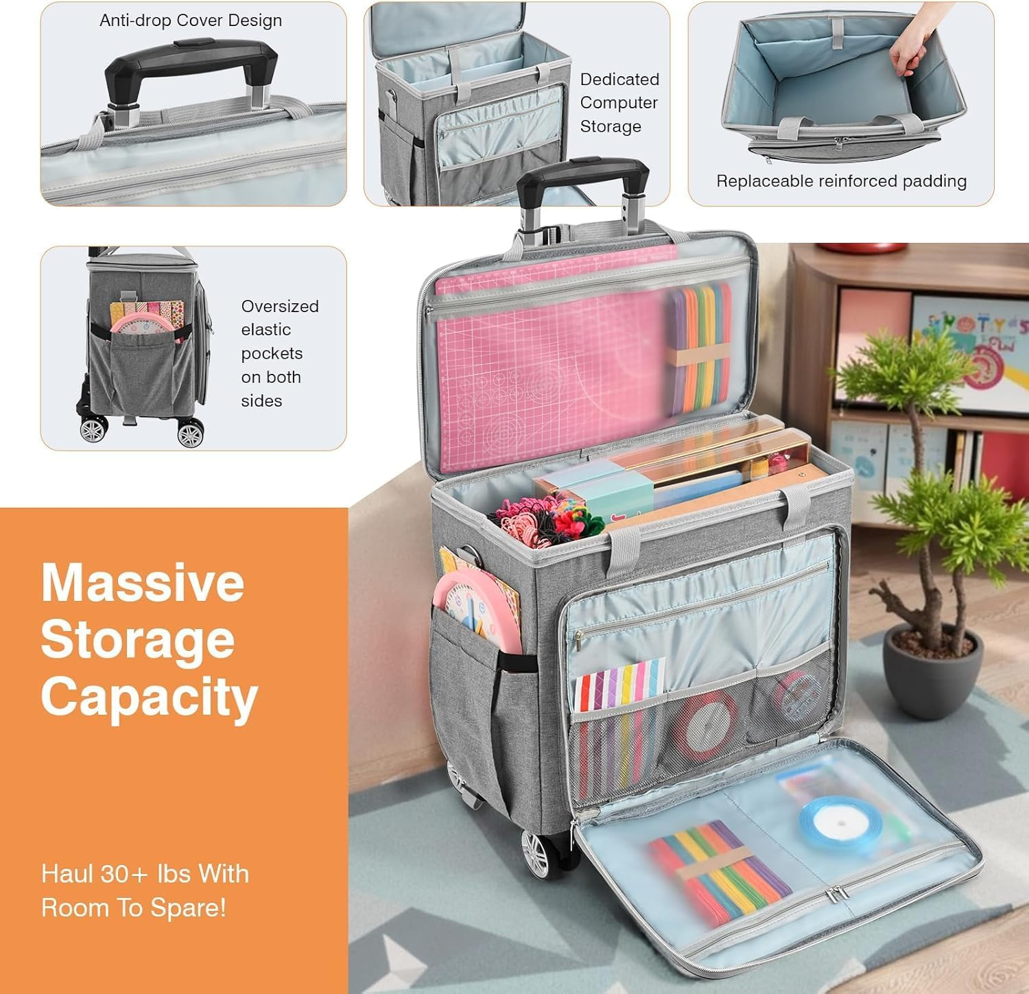 FINESUN Rolling Tote Bag for Women Teacher Bag Rolling Cart Briefcase with Wheels Carry on Wheeled Bag for Work,Office,Craft, Grey, One Size image number 1