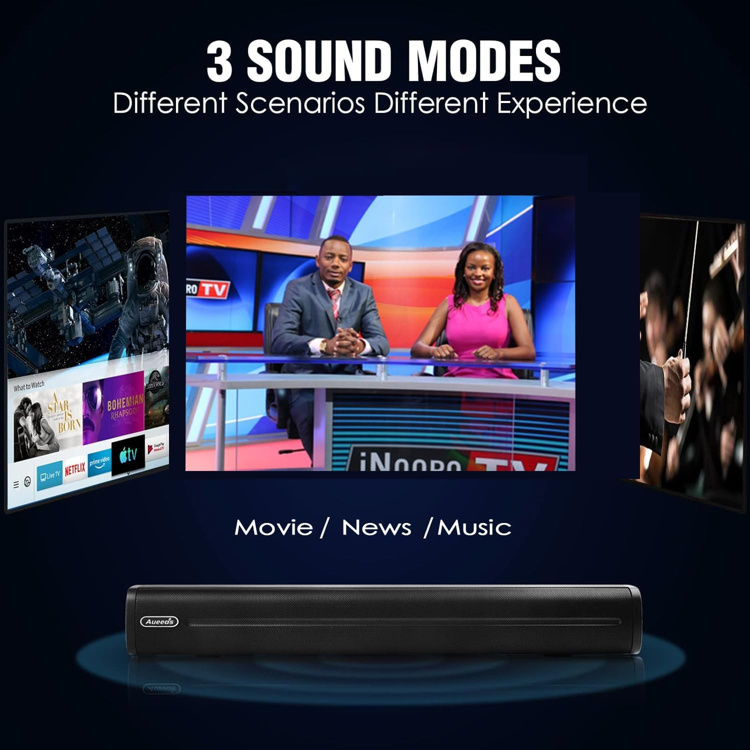 Mini Sound Bars for TV, Soundbar 50W 16-Inch Ultra Slim Mini Surround Soundbar TV Speakers System with Wireless Bluetooth 5.0 Optical AUX USB Connection, 3 Equalizer Modes, for 4K & HD Tvs image number 3