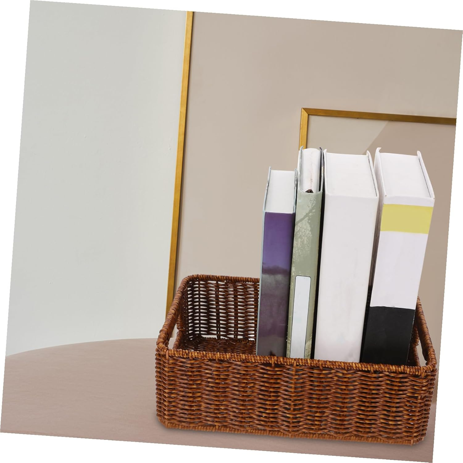 VALICLUD Woven Rattan Storage Basket with Handles for Desktop Organization Multipurpose Wicker Pantry Organizer for Home and Office Brown image number 4