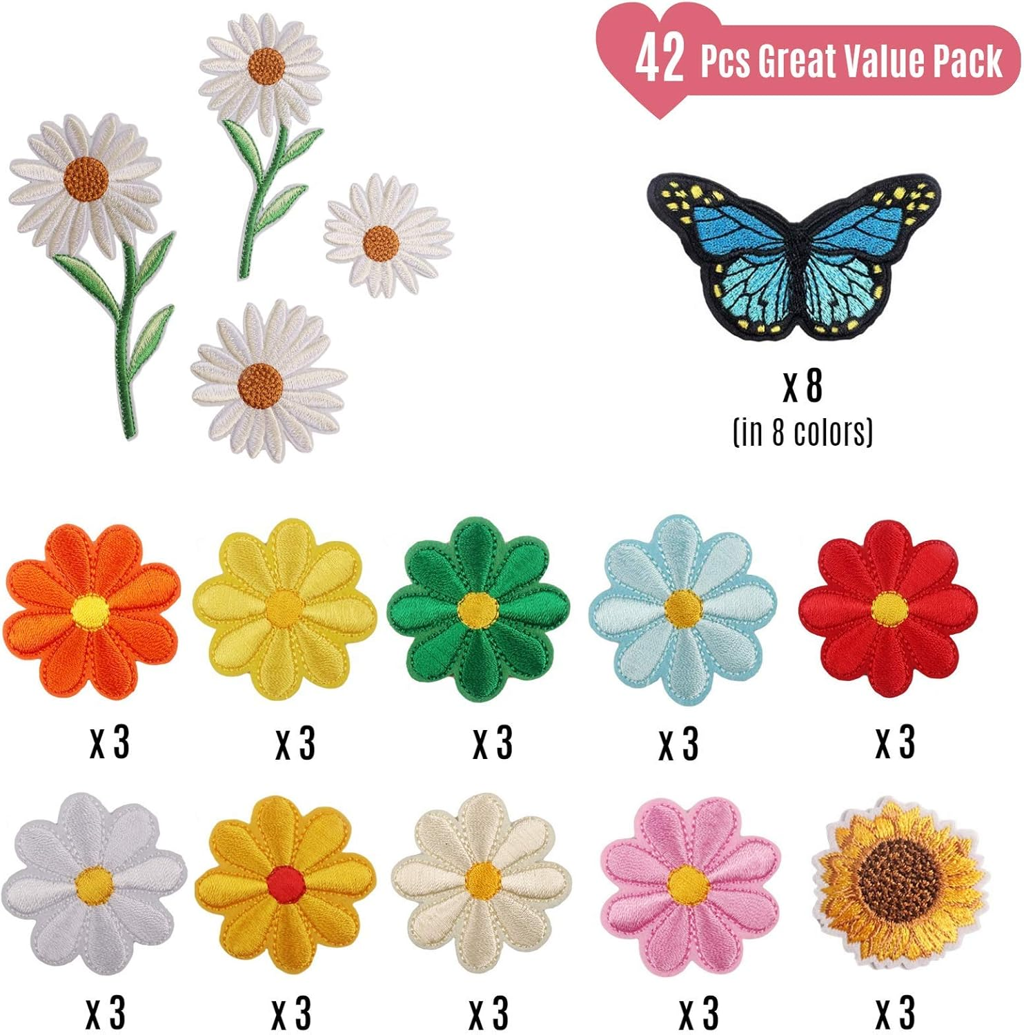 Embroidered Iron on Patch for Clothing,Sunflowers Butterfly Iron on Patches Set,Large Size Cute Decoration Embroidered Patches Pack for Jeans,Bags, Clothing, Arts Crafts DIY (Mix)