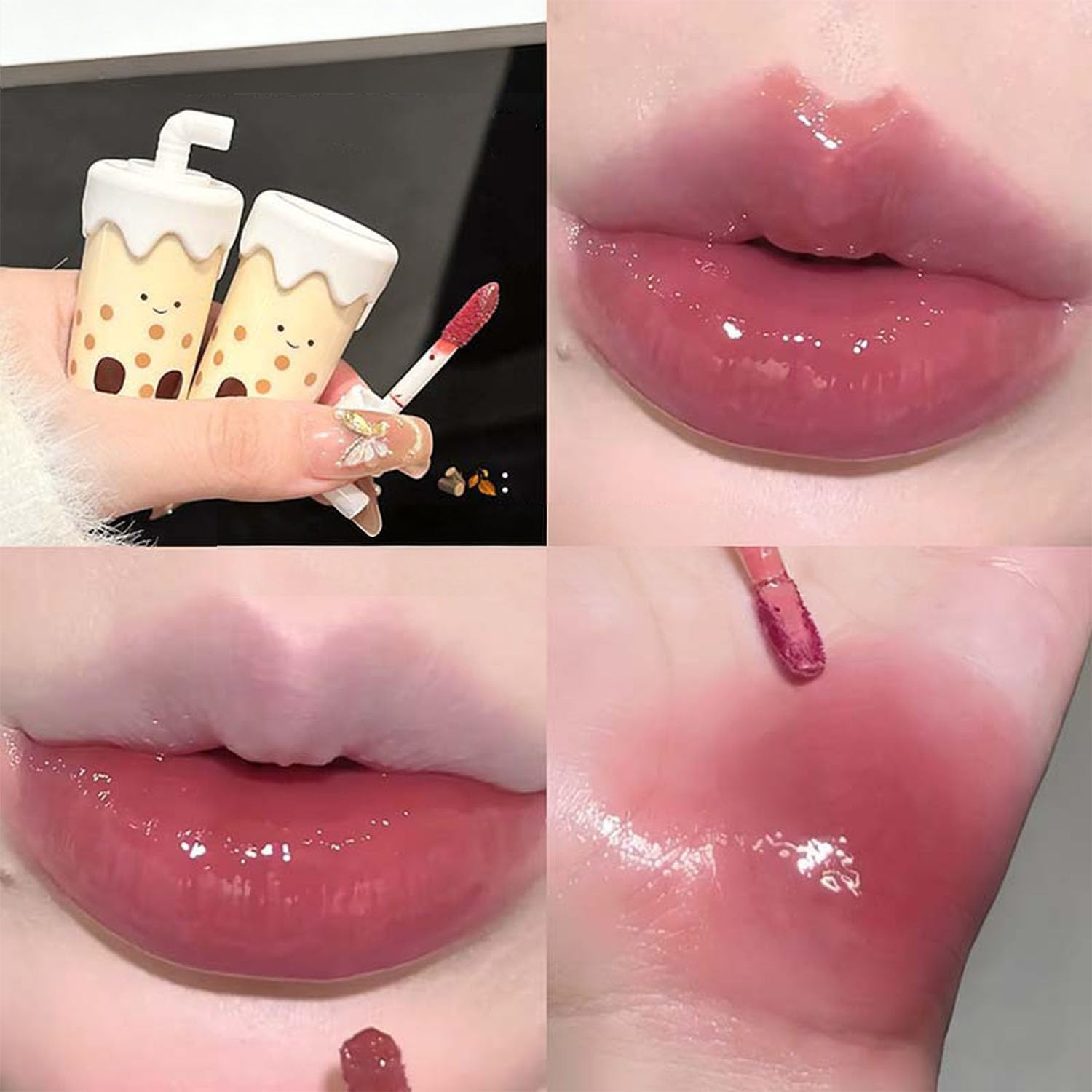 Baorder 4 Colors Hydrating Glossy Lip Gloss Set,Cute Milk Tea Liquid Lipstick Kit,Moisturizing Tinted Lip Balm,Plumping Lip Glaze,High Shine and Mirror image number 2