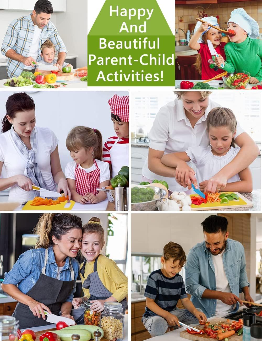 8PCS Kids Knife Set, Plastic Kids Knife Safe for Cutting Veggies Fruits,Kids Kitchen Knives Set Include 4 Plastic Toddler Safe Knives/Crinkle Cutter/Kids Cutting Wooden Board/Y-Peeler/Apron (PK) image number 6