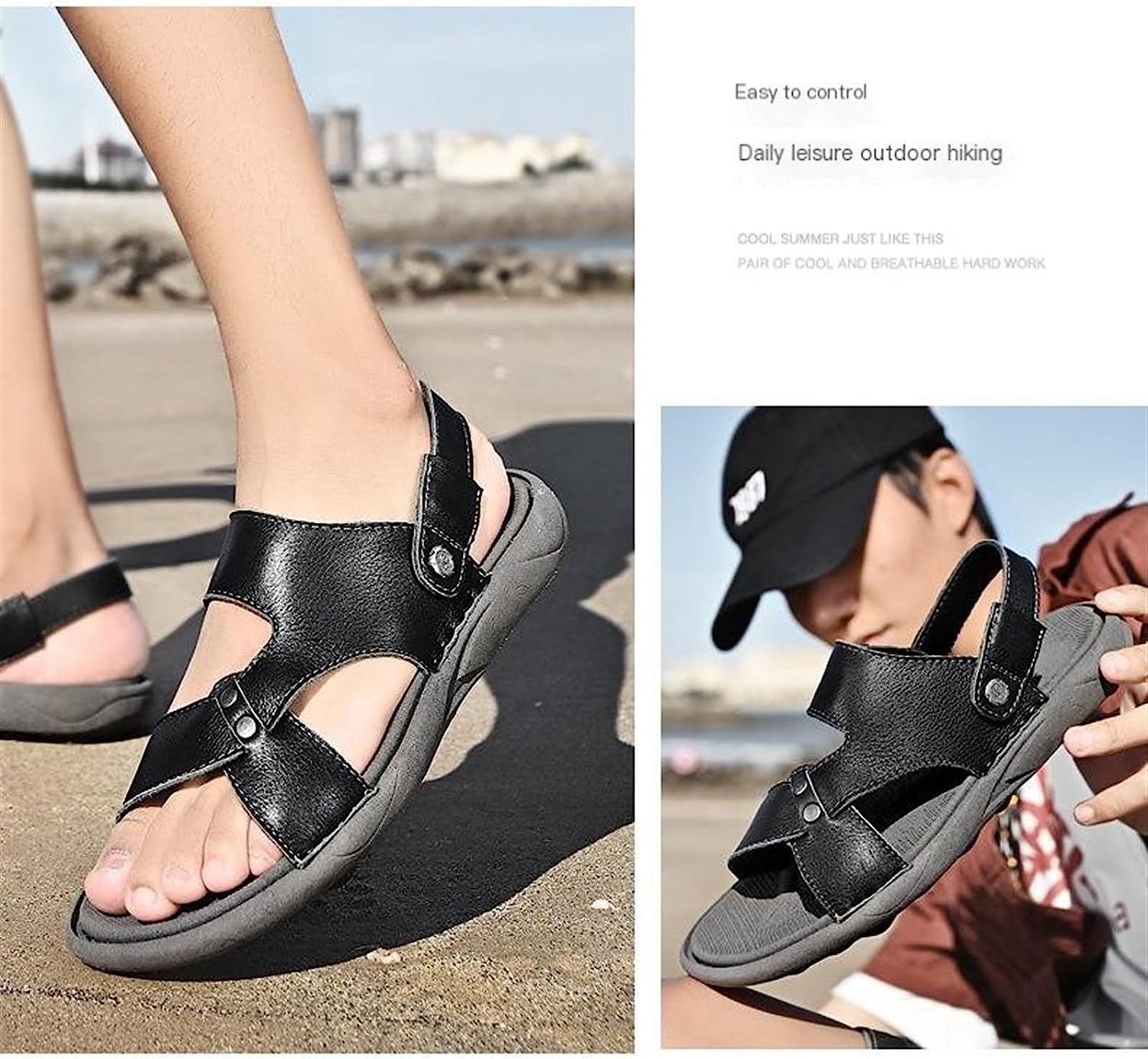 Summer Sandals Men Casual Beach Shoes Leather Thick Sole anti Slip Male Open Toe Shoes Black Brown Arch Support (Color : Khaki, Size : 8)