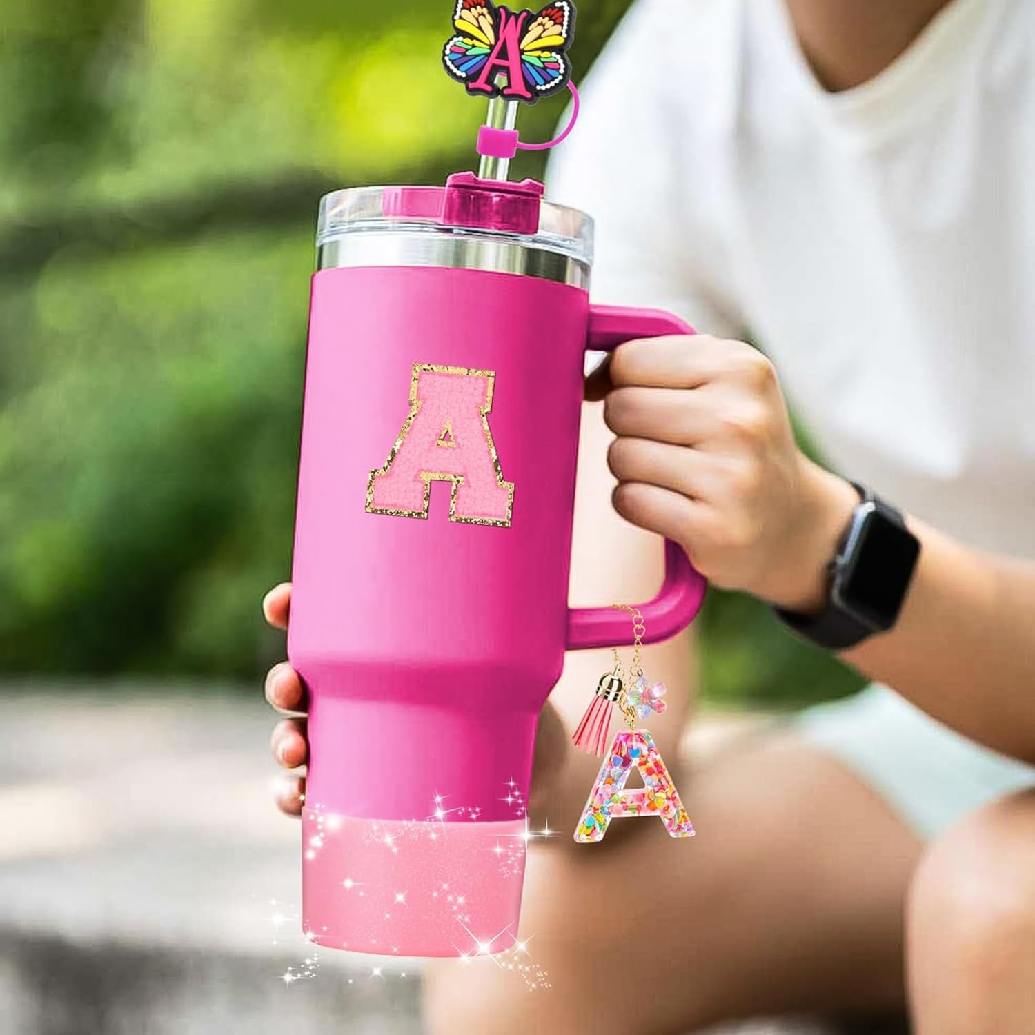 6PCS Cup Accessories Set for Stanley Cup 30Oz 40Oz,Tumbler Initials Decorations for Stanley,Including Silicone Straw Cover Cap and Boot,Spill Proof Stopper,Handle Charm,Sticker (Letter A)