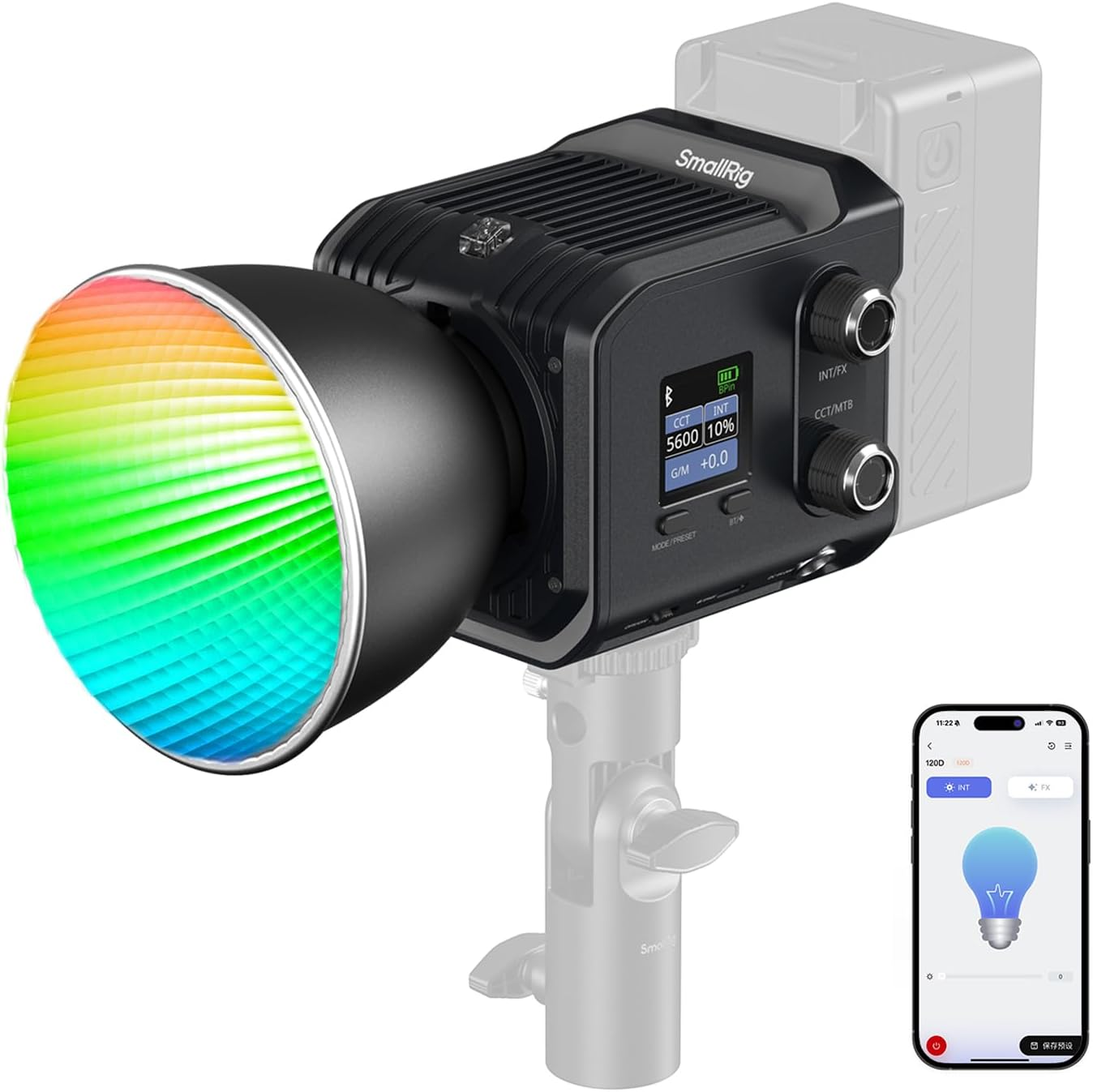 Smallrig RC 100C RGBWW LED Video Light, with App Control, 100W Mini COB Continuous Output Lighting, Handheld Spotlight 2700-10000K/CRI 96+/TLCI 98+/12 Effects, 11000Lux/1M, Lite Version Ink Blue, 5377 image number 3