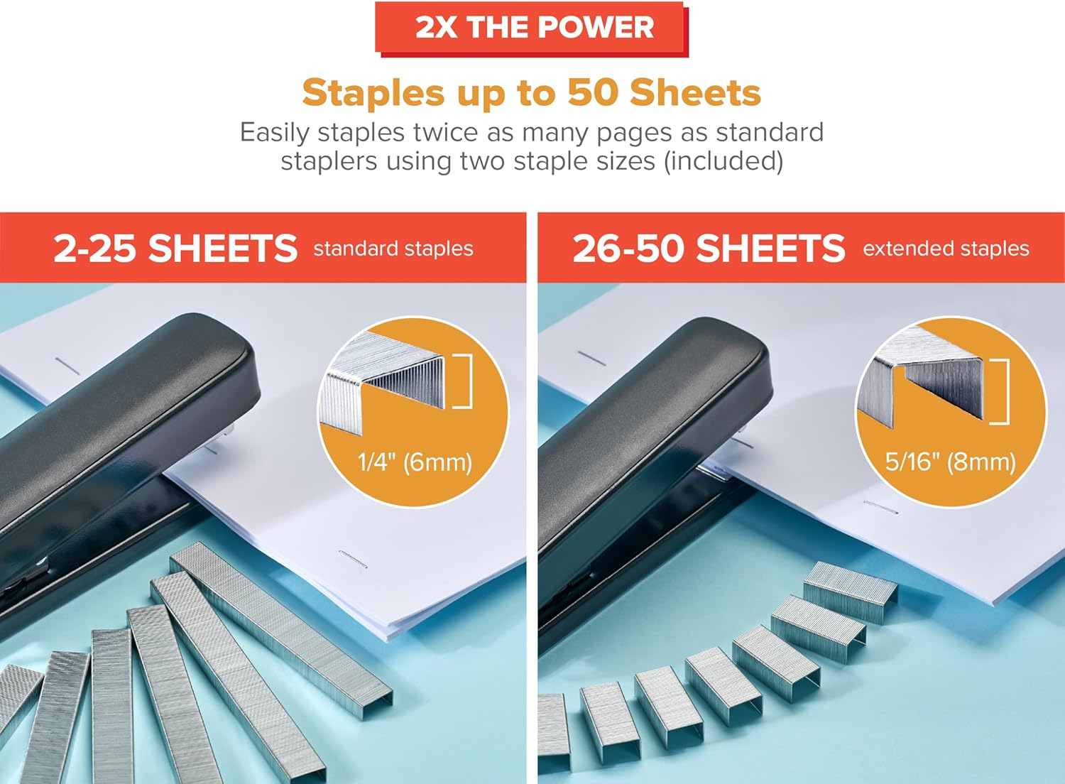 Bostitch Titan Heavy Duty Metal Stapler, 50 Sheet Capacity with 1250 Staples and Ergonomic Staple Remover, Jam Free Stapling, Full Strip Stapler for Desk, Office and Classroom, Black - Sage image number 3
