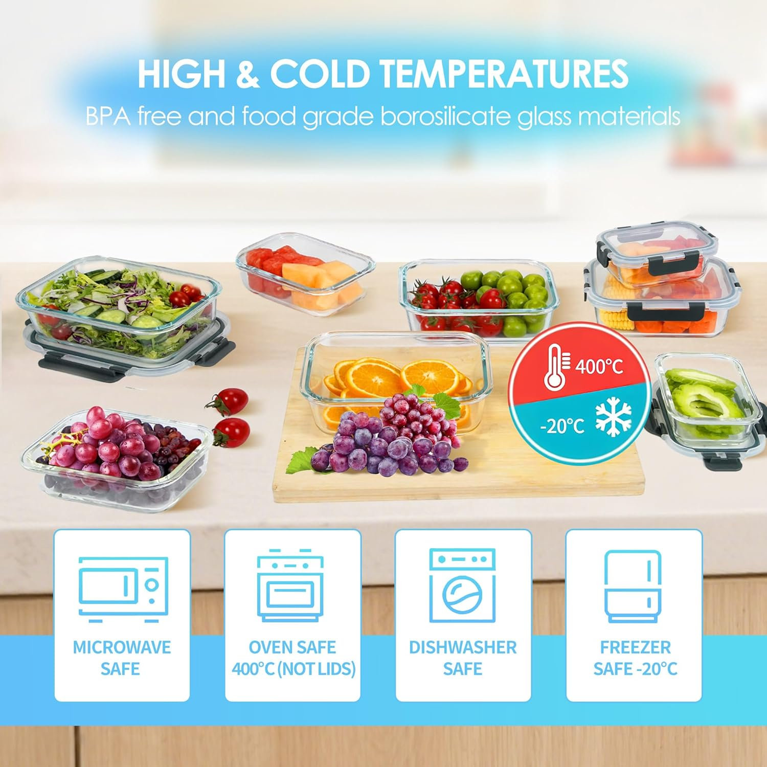 Welbellete 10 Pack Glass Food Storage Containers with Snap Lids (1040ML & 370ML) - Airtight Glass Meal Prep Containers, Leakproof Glass Lunch Containers for Microwave, Oven, Freezer and Dishwasher image number 6