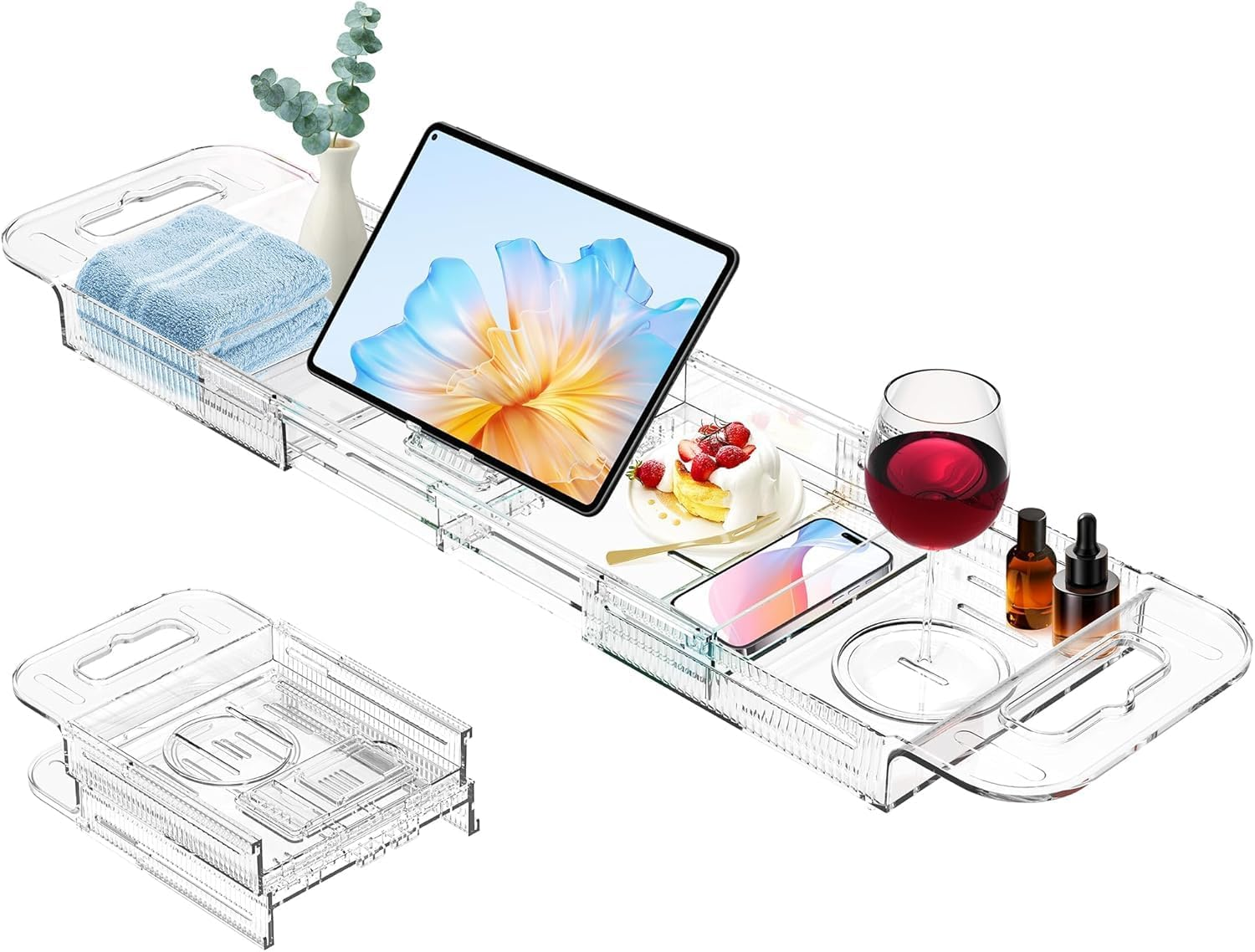 Kirbybear Expandable Bathtub Tray Caddy, Clear Bath Shelf Organizer for Tub, Multifunctional Bathroom Storage Rack for Candle, Towel, Book, Wine, Phone & Spa Relaxation image number 3