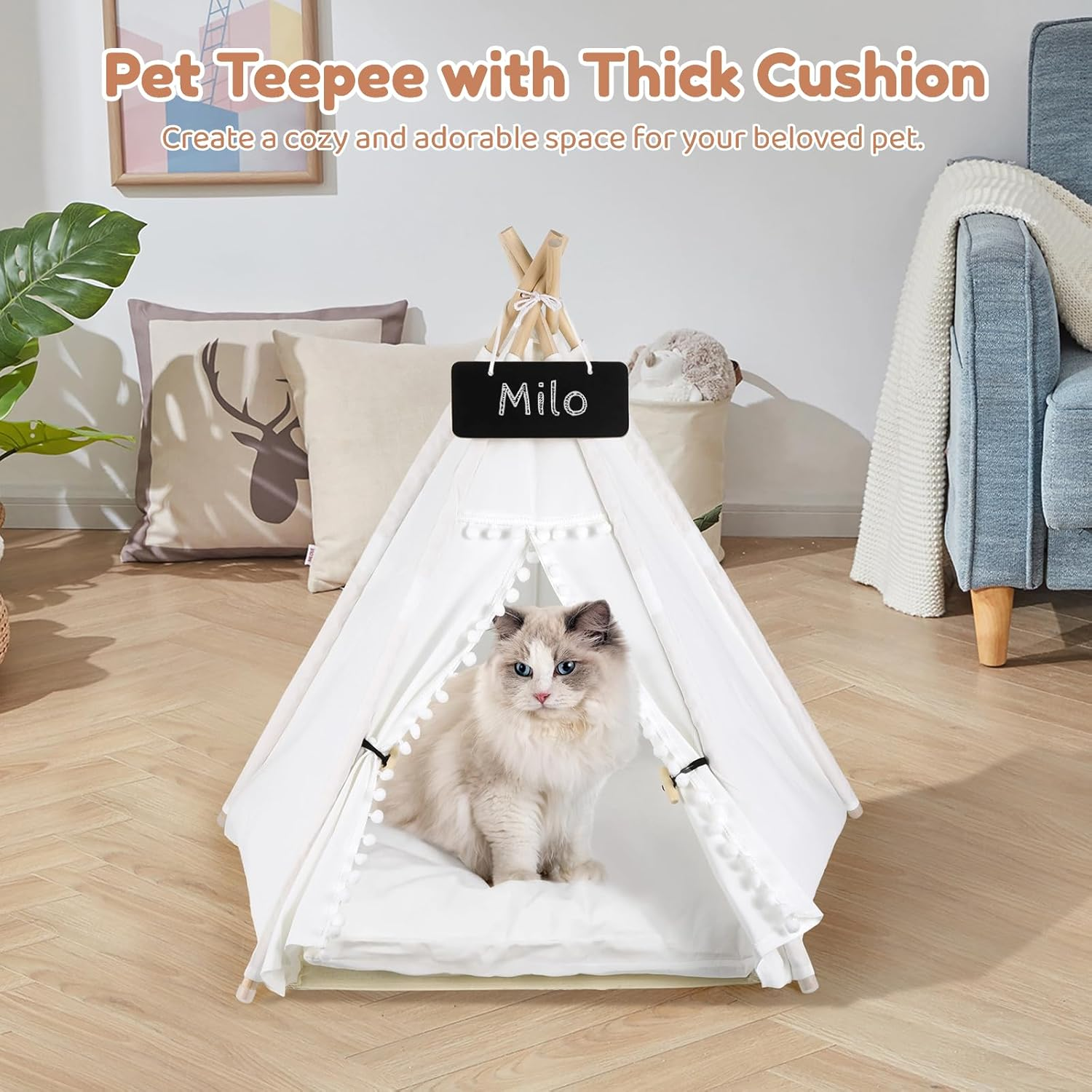Pet Teepee for Cats Dogs - 20 X20 X 24In Cat Teepee with Thick Cushion for Cats Dogs Rabbits, Washable Dog Tent with Blackboard, Indoor Pet House for Puppies, White image number 3