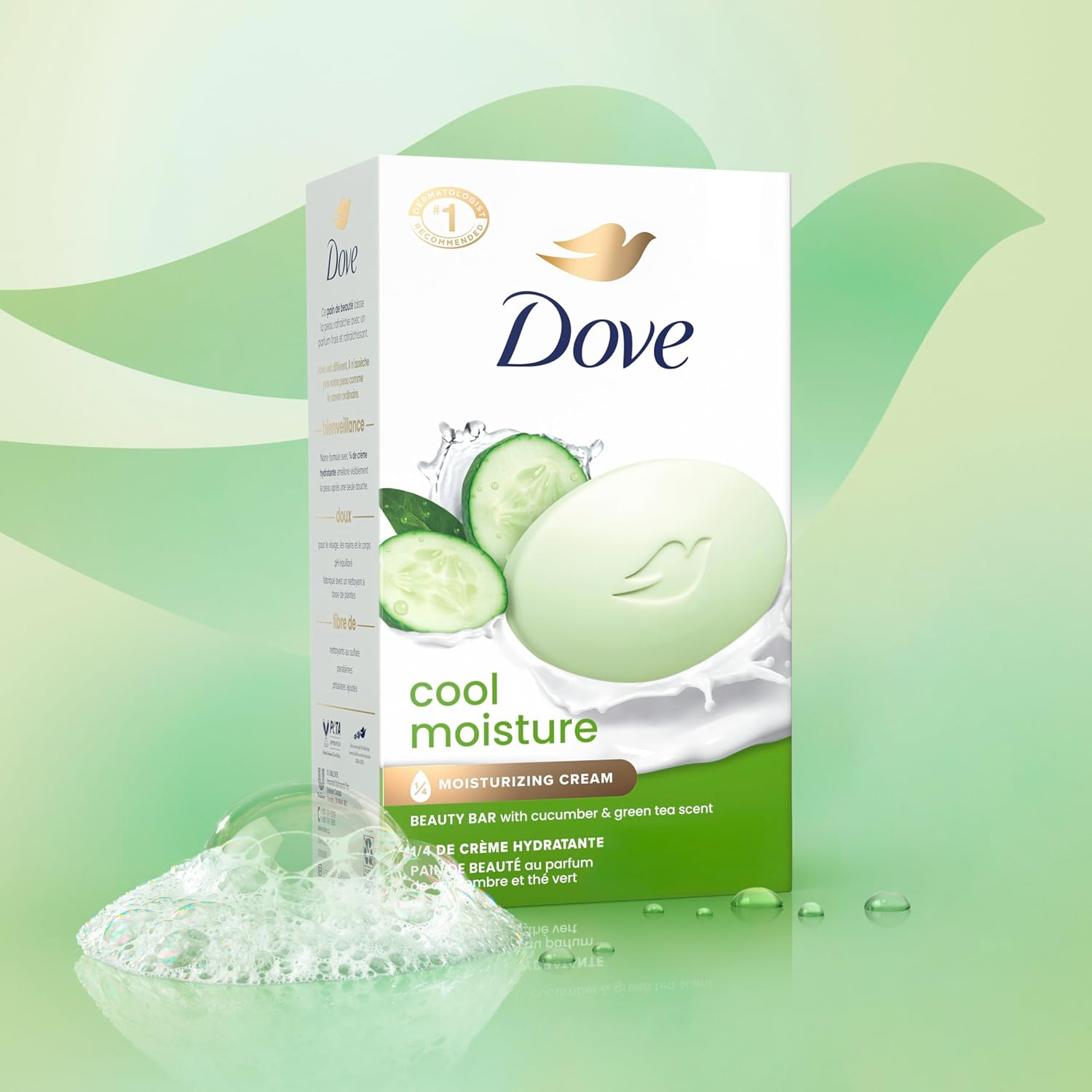 Dove Beauty Bar Soap Cool Moisture Cucumber & Green Tea Scent, 8 Bars for Refreshed Skin, Leaves Skin Refreshed 3.75 Oz image number 2