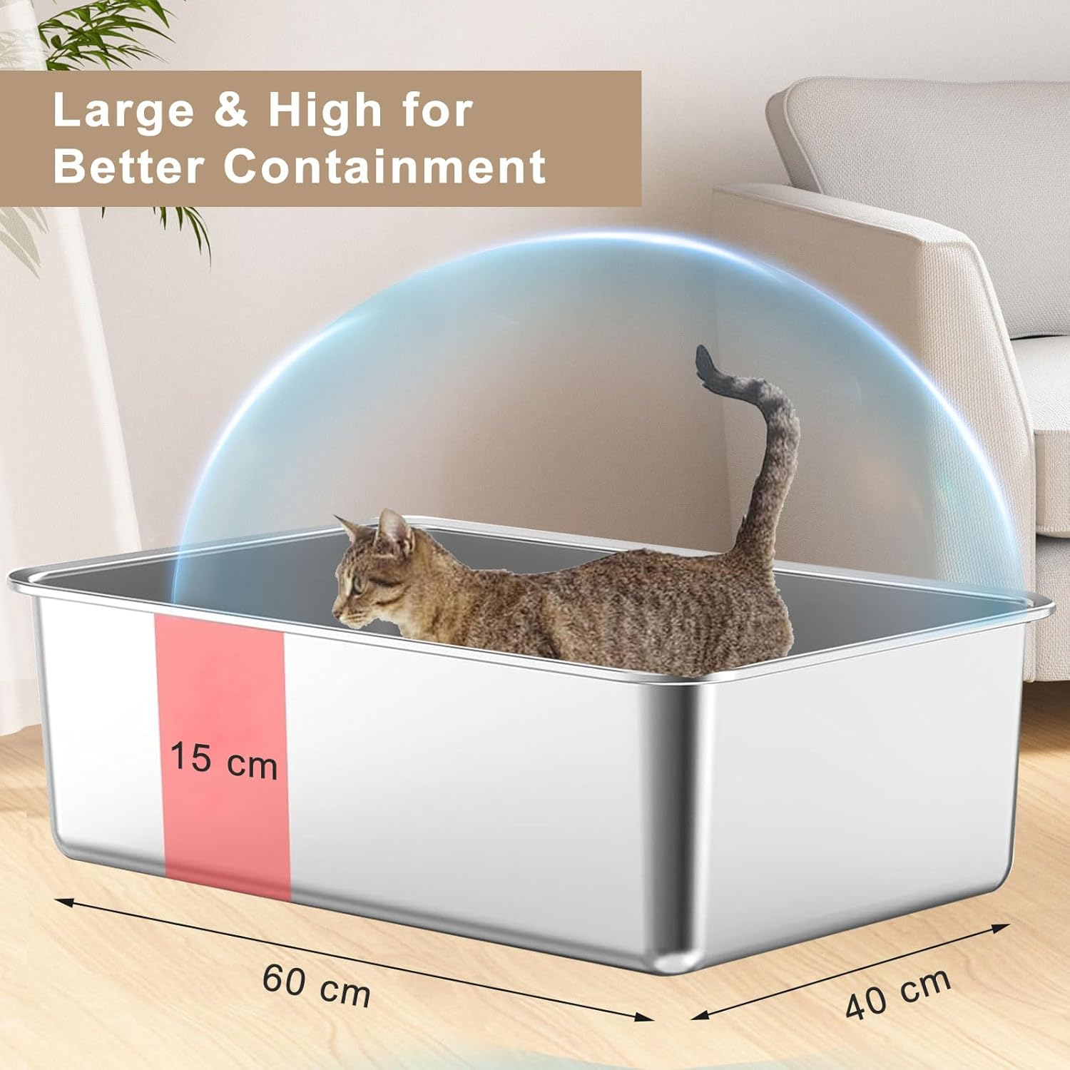 Stainless Steel Litter Box Large - 60X40 Metal Cat Litter Tray for Big or Multiple Cats, Non-Stick Kitty Litter Tray, Odor-Free Cat Litter Box, Easy to Clean & Rust Resistant (60X40X15 Cm) image number 6