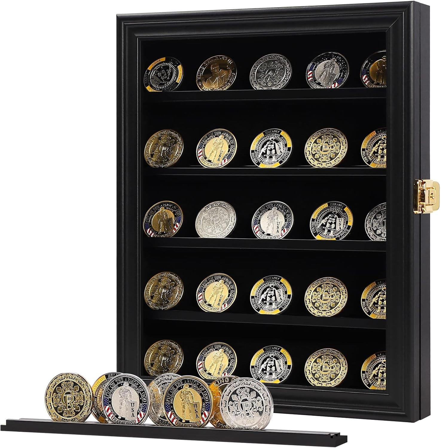 Sboitflmm Military Challenge Coin Display Case Lockable Cabinet Shadow Box with Removable 2 Grooves Shelves and anti Fade Acrylic Glass Door for Casino Poker Chips Collectibles Small Black image number 2
