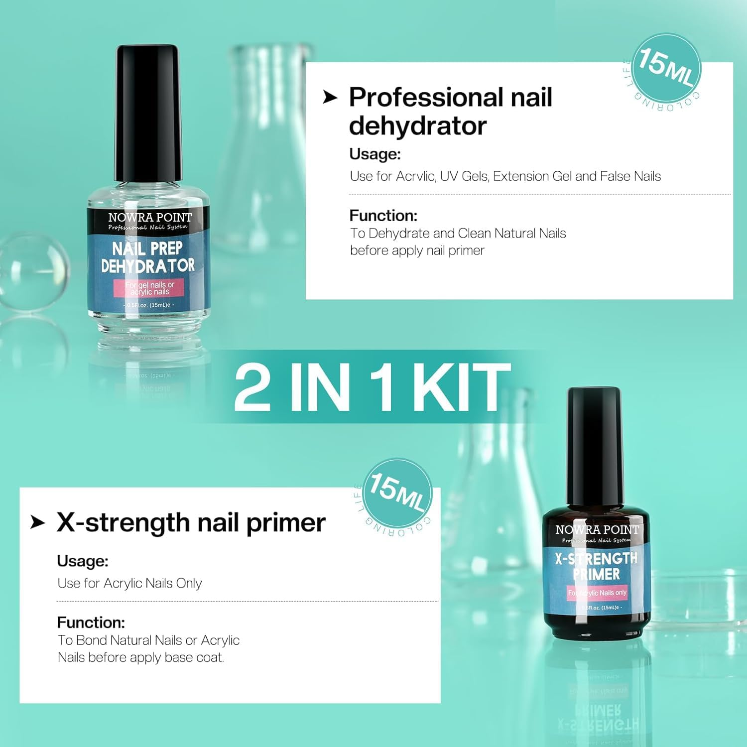 Nail Prep Dehydrator & X-Strength No-Burn Nail Primer Set &ndash; Non-Acid, Fast-Dry for Acrylic Powder, 0.5Oz