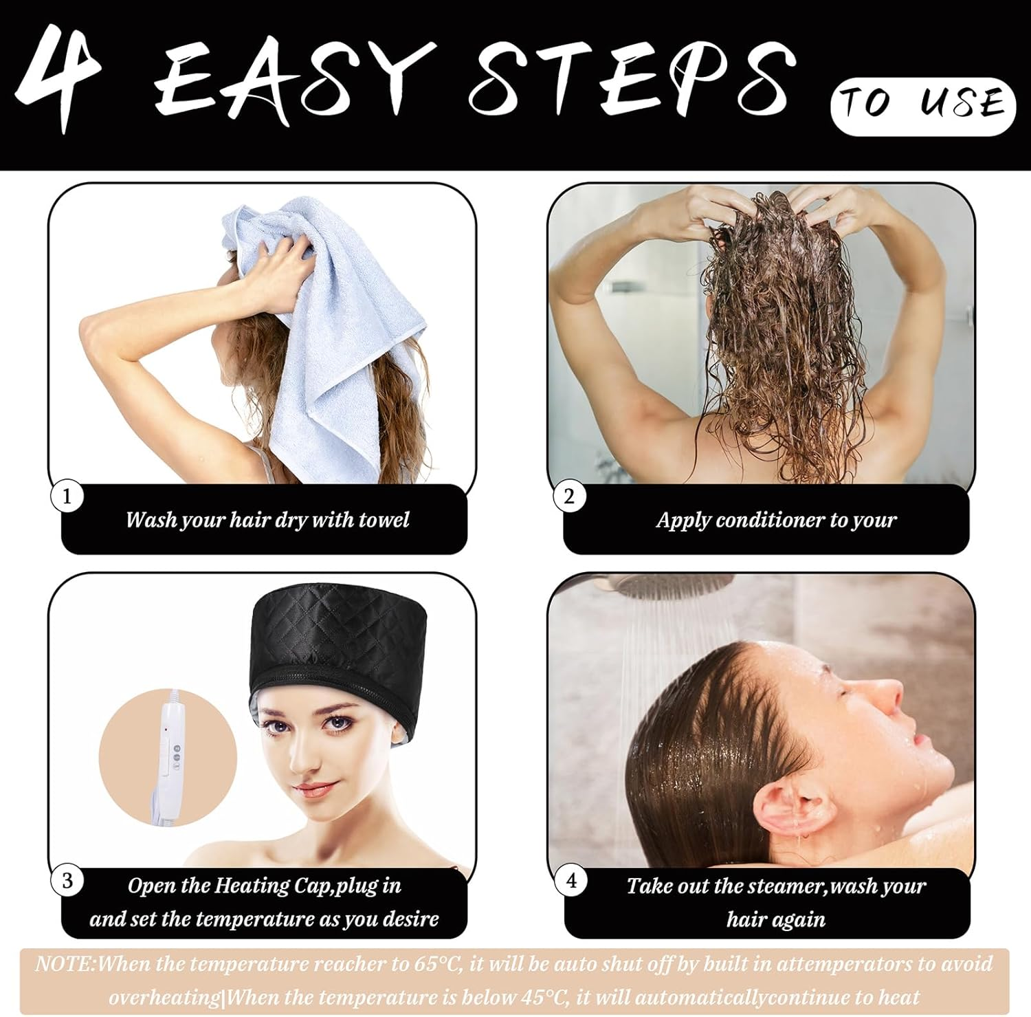 LUTIVI Thermal Deep Treatment Hat Steam Hood Hair Mask Heating Hood with 2 Temperature Modes for Spa, Salon, Home - Black